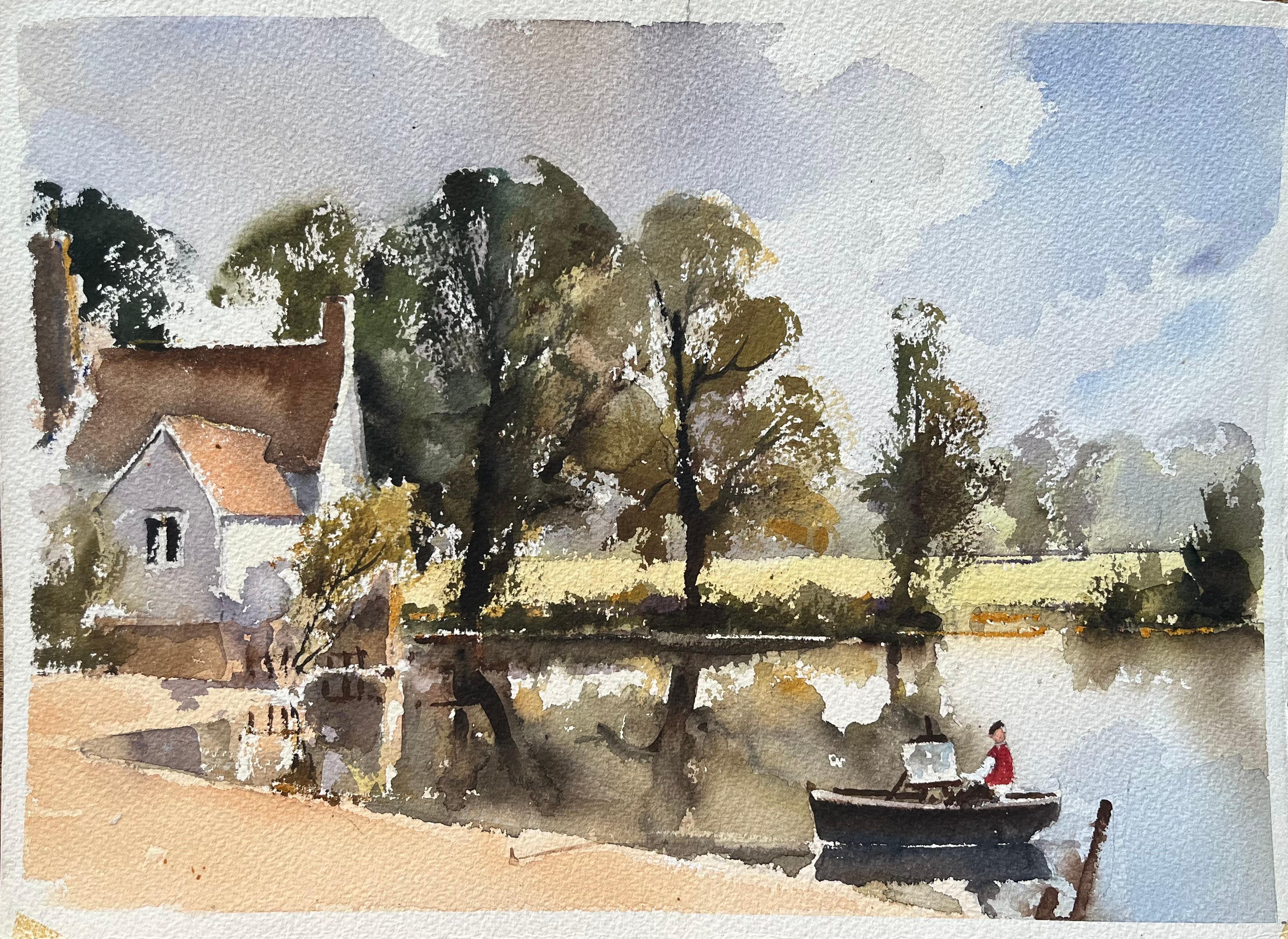 Landscape Painting de Anthony Avery - Acuarela impresionista británica de una cabaña junto al río y un artista en una barca
