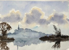 British Impressionist Watercolor of a Riverside Landscape with Distant Spire