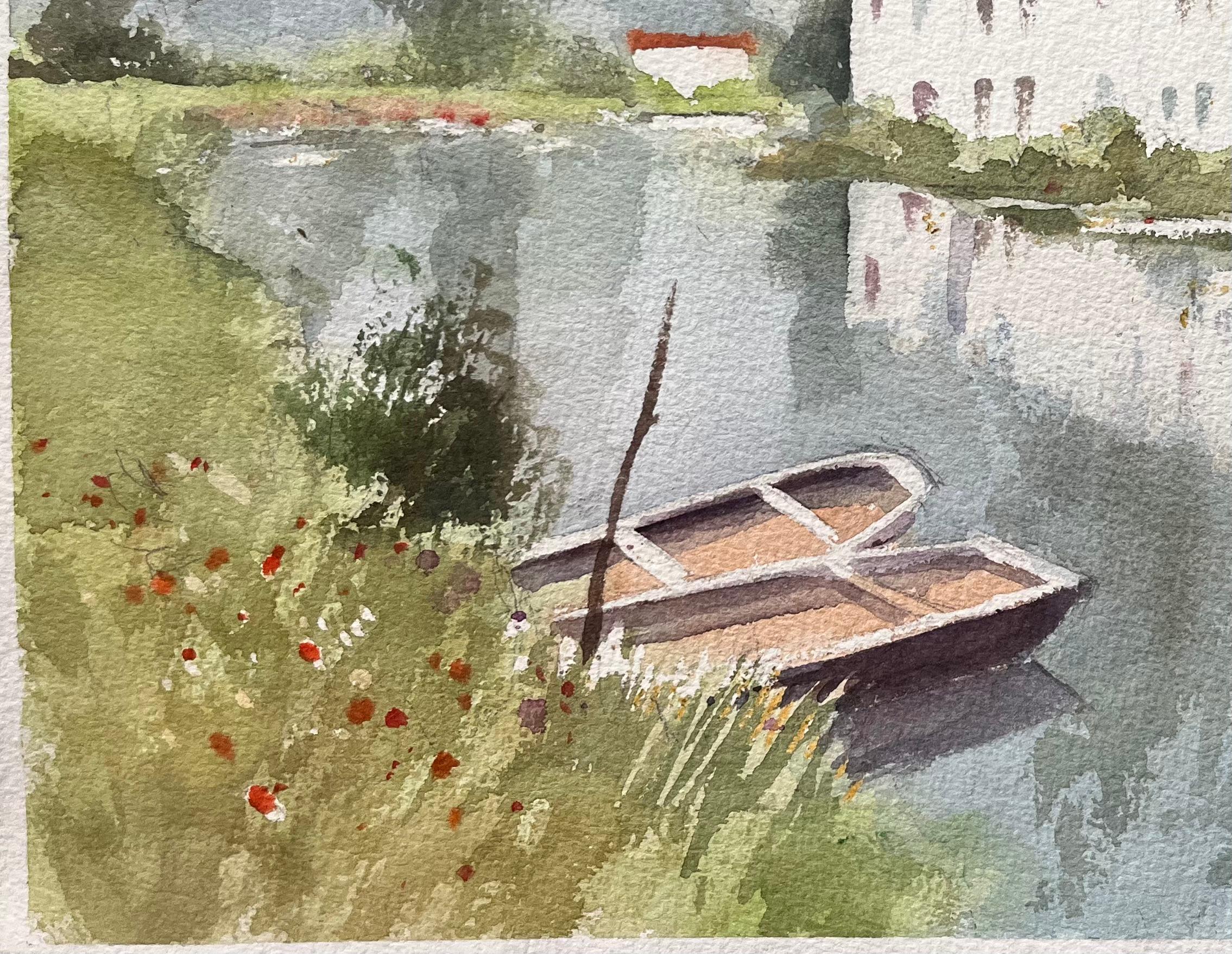 Acuarela impresionista británica de una escena ribereña con casitas y barcas - Painting Impresionista de Anthony Avery