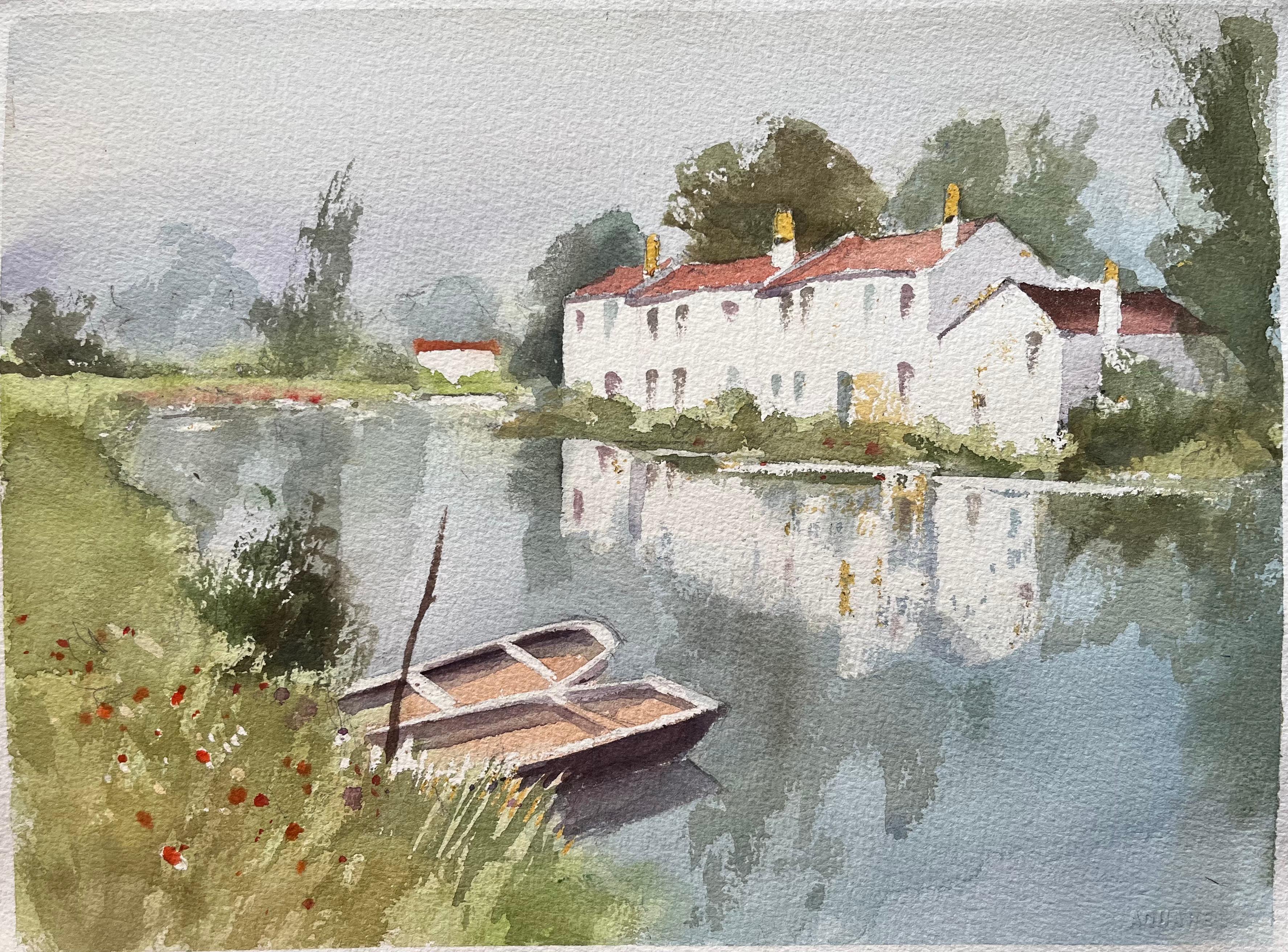 Landscape Painting de Anthony Avery - Acuarela impresionista británica de una escena ribereña con casitas y barcas