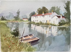British Impressionist Watercolor of a Riverside Scene with Cottages and Boats