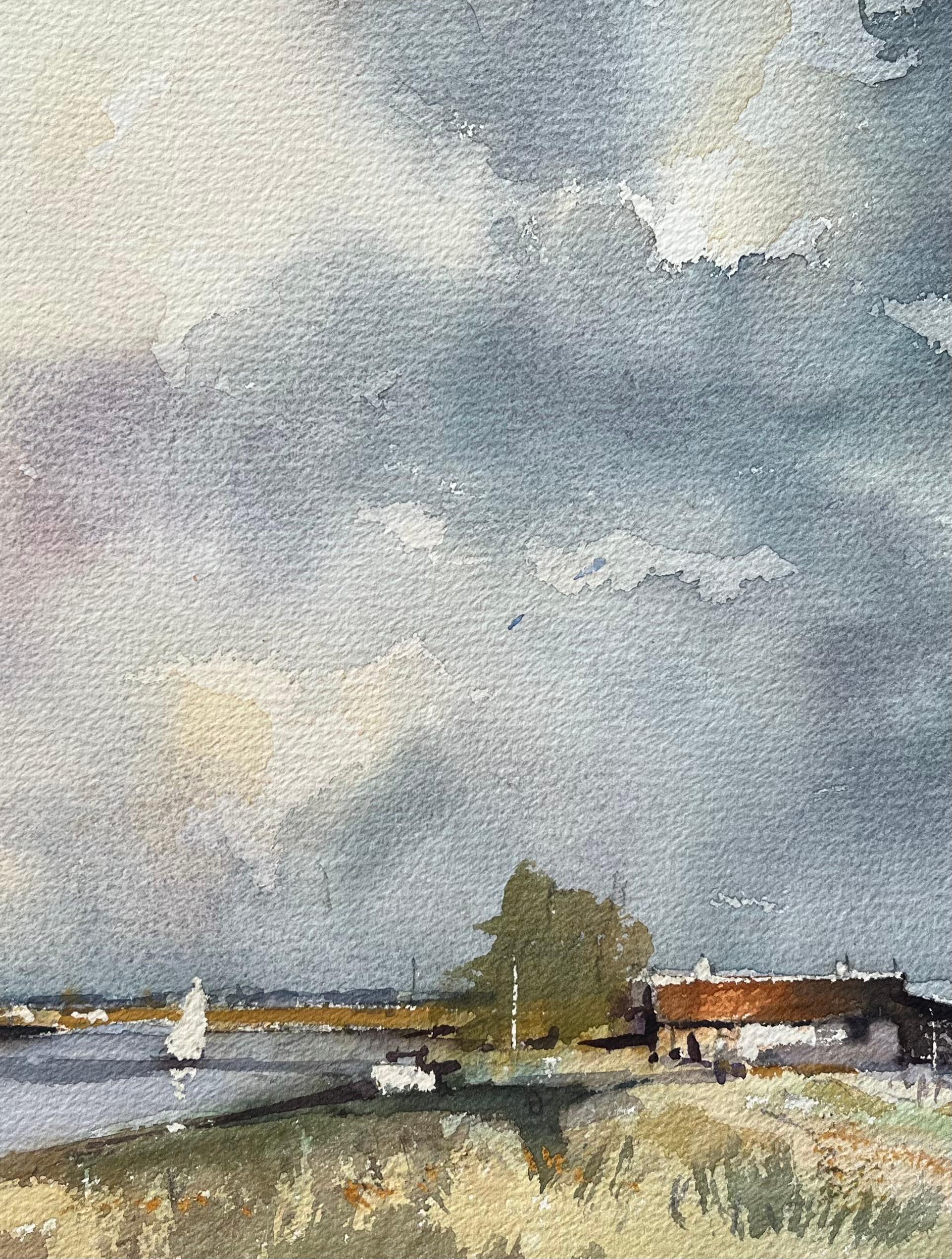 Britischer Impressionist Aquarell einer Flussszene mit dramatischem Himmel – Painting von Anthony Avery