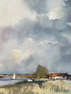British Impressionist Watercolor of a Riverside Scene with Dramatic Sky