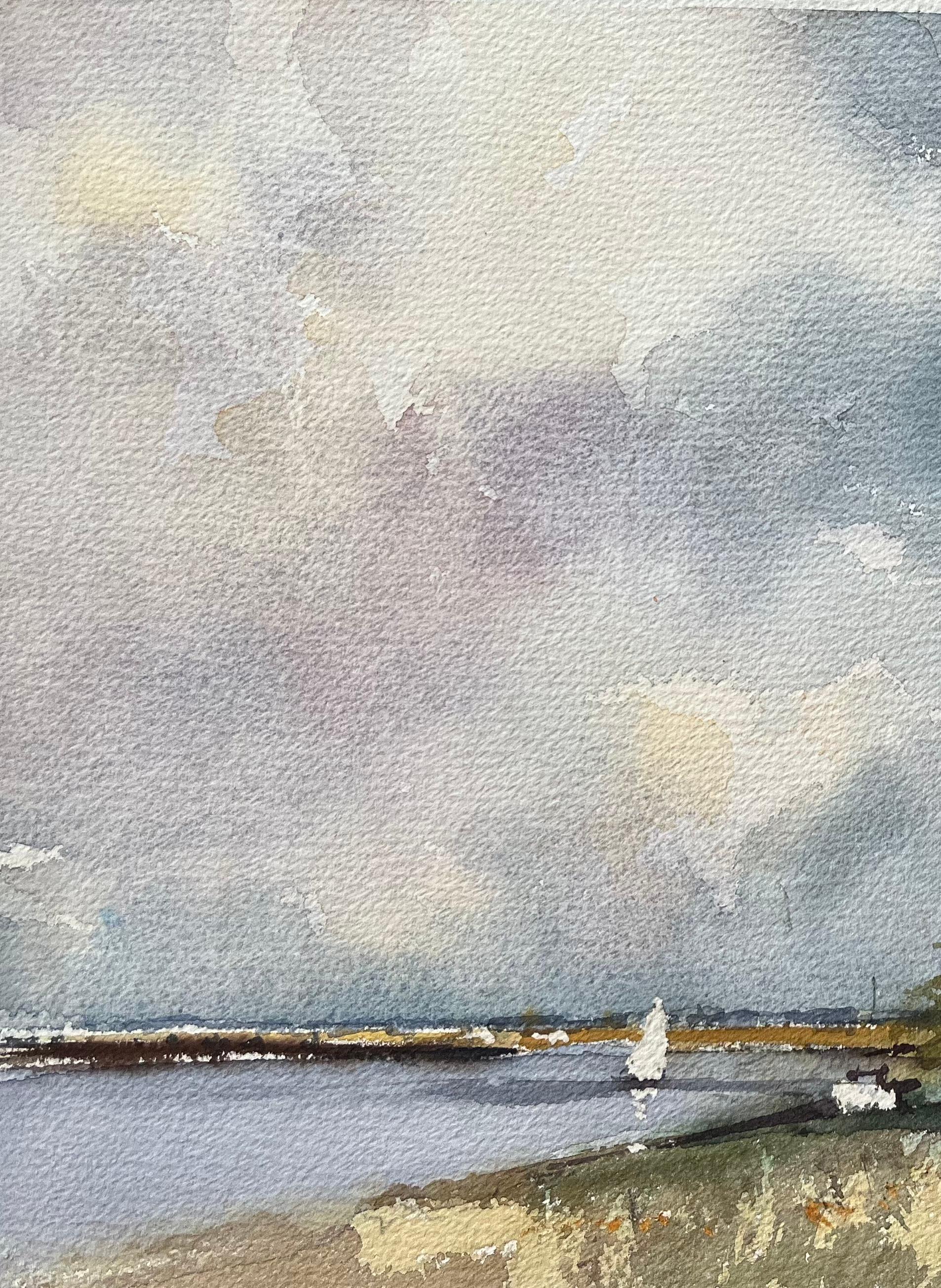 Britischer Impressionist Aquarell einer Flussszene mit dramatischem Himmel (Grau), Landscape Painting, von Anthony Avery