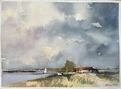 Britischer Impressionist Aquarell einer Flussszene mit dramatischem Himmel