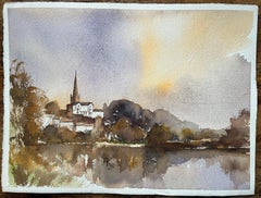 British Impressionist Watercolor of a Riverside Village and Church at Twilight