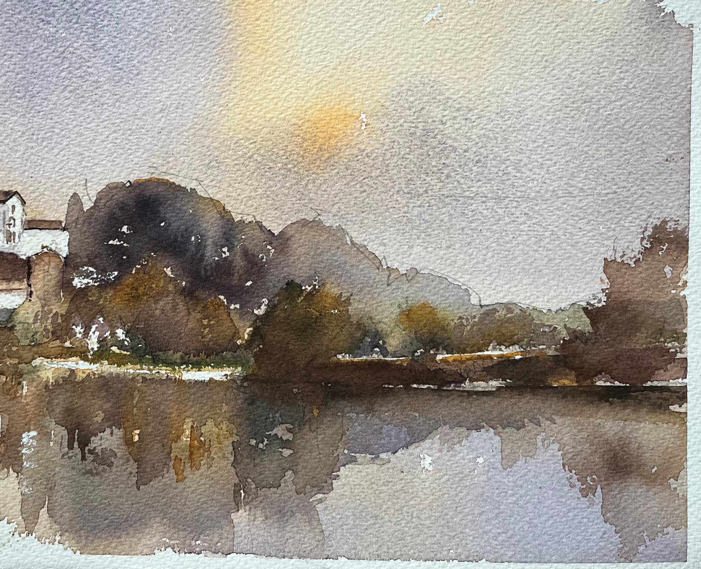 Título: Acuarela impresionista británica de un pueblo ribereño y una iglesia al atardecer
Por Anthony Avery (británico 1946-2023)
Acuarela original sobre papel de artista, sin enmarcar
Dimensiones: 11,25 x 15 pulgadas (Alto x Ancho)
Estado: Bueno,
