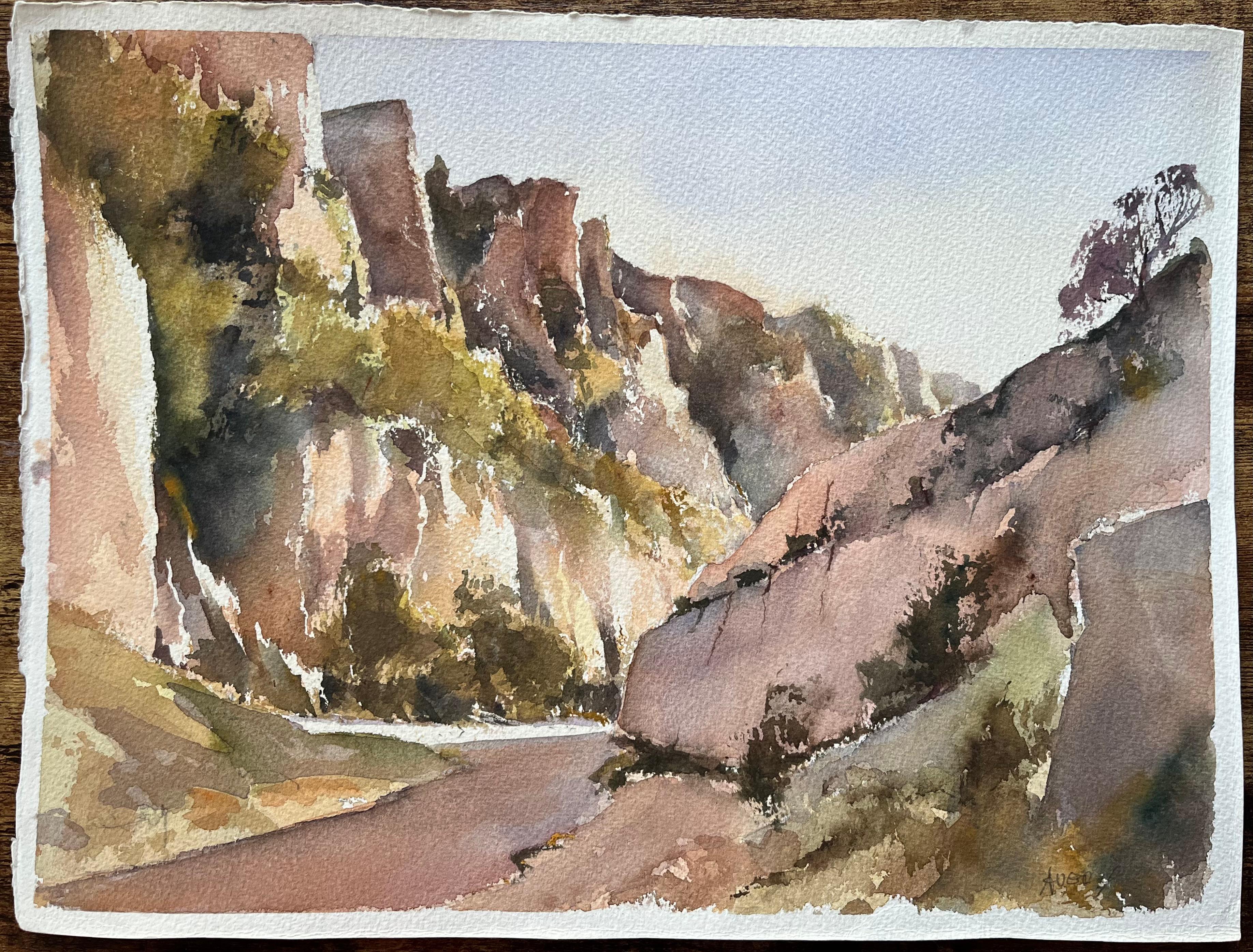 Acuarela impresionista británica de un paisaje de desfiladero rocoso - Painting de Anthony Avery