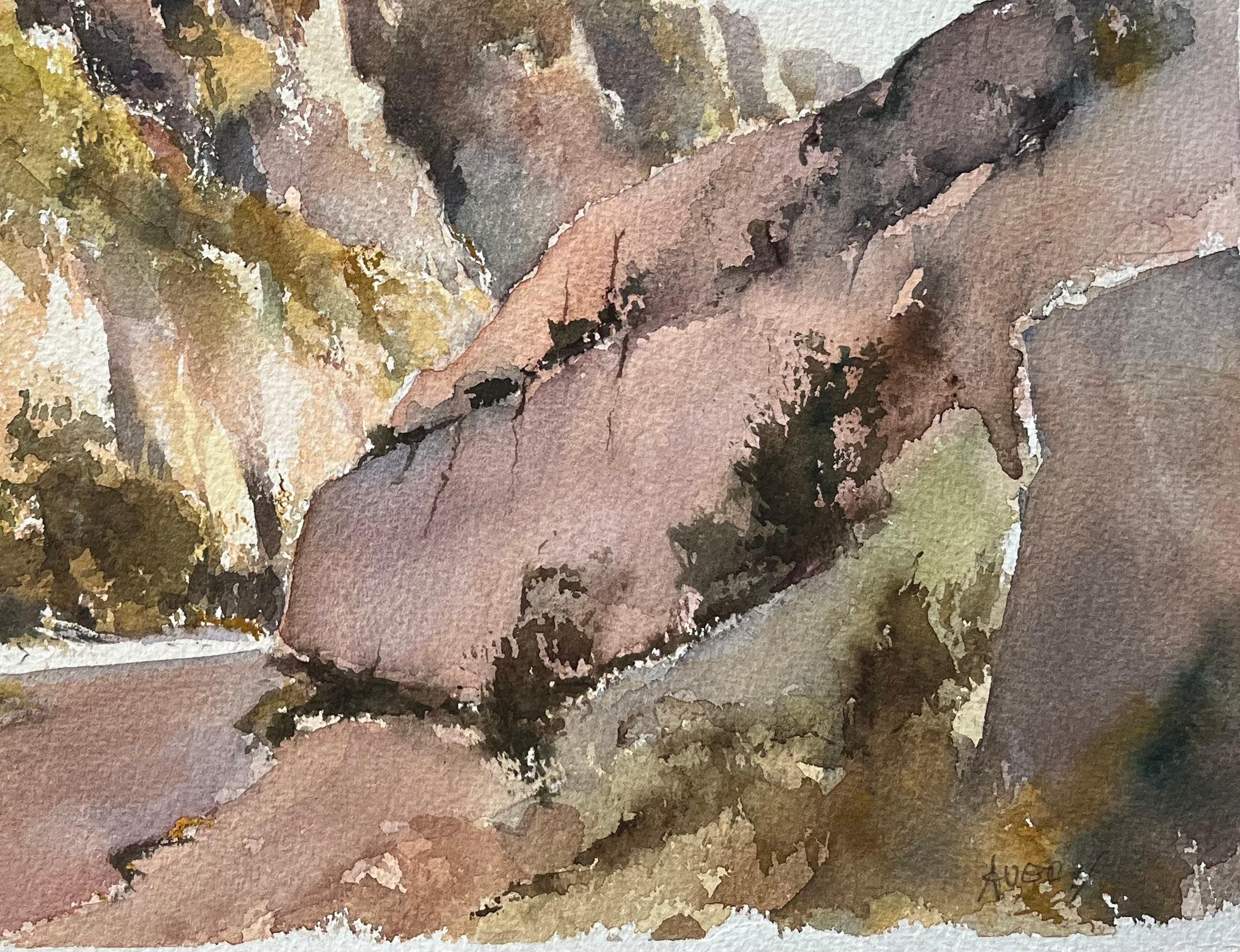 Acuarela impresionista británica de un paisaje de desfiladero rocoso - Landscape Painting Marrón de Anthony Avery