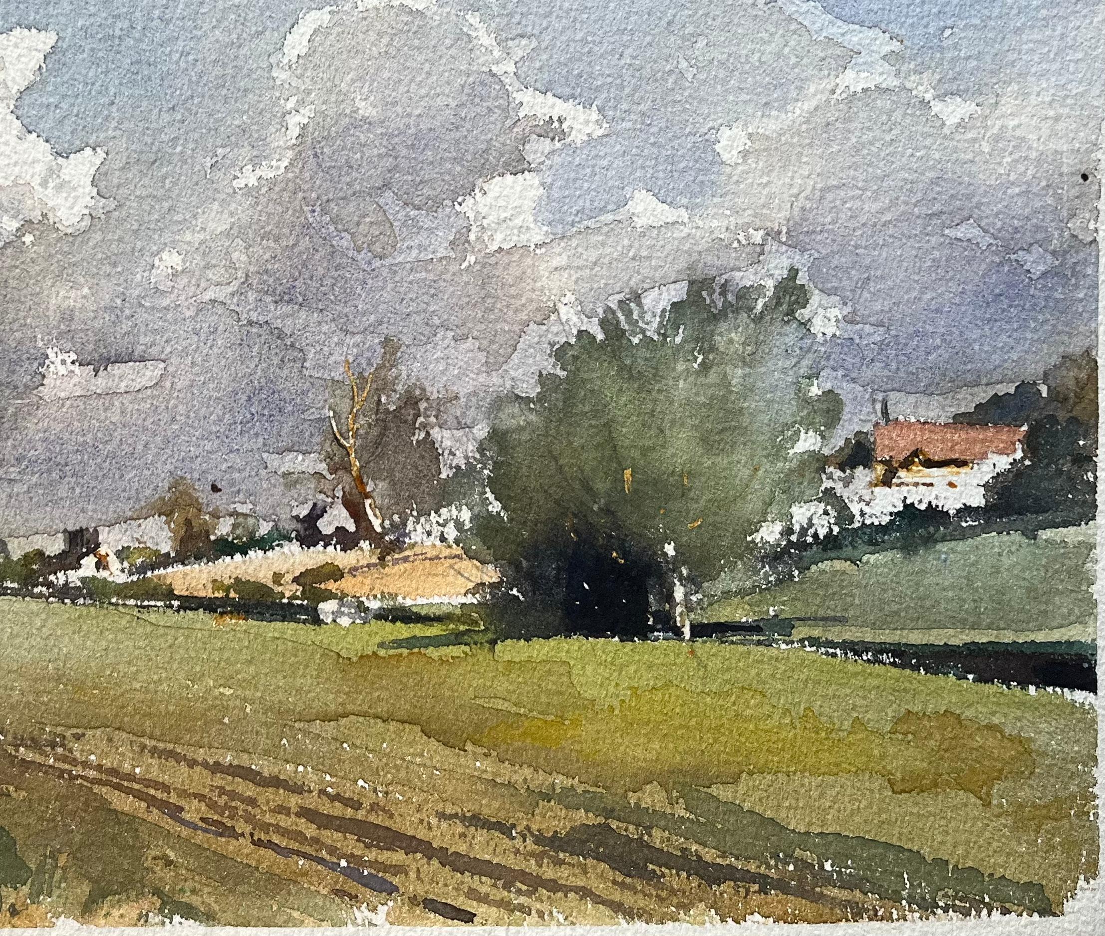 Acuarela impresionista británica de unos campos ondulados bajo vastos cielos - Painting Impresionista de Anthony Avery