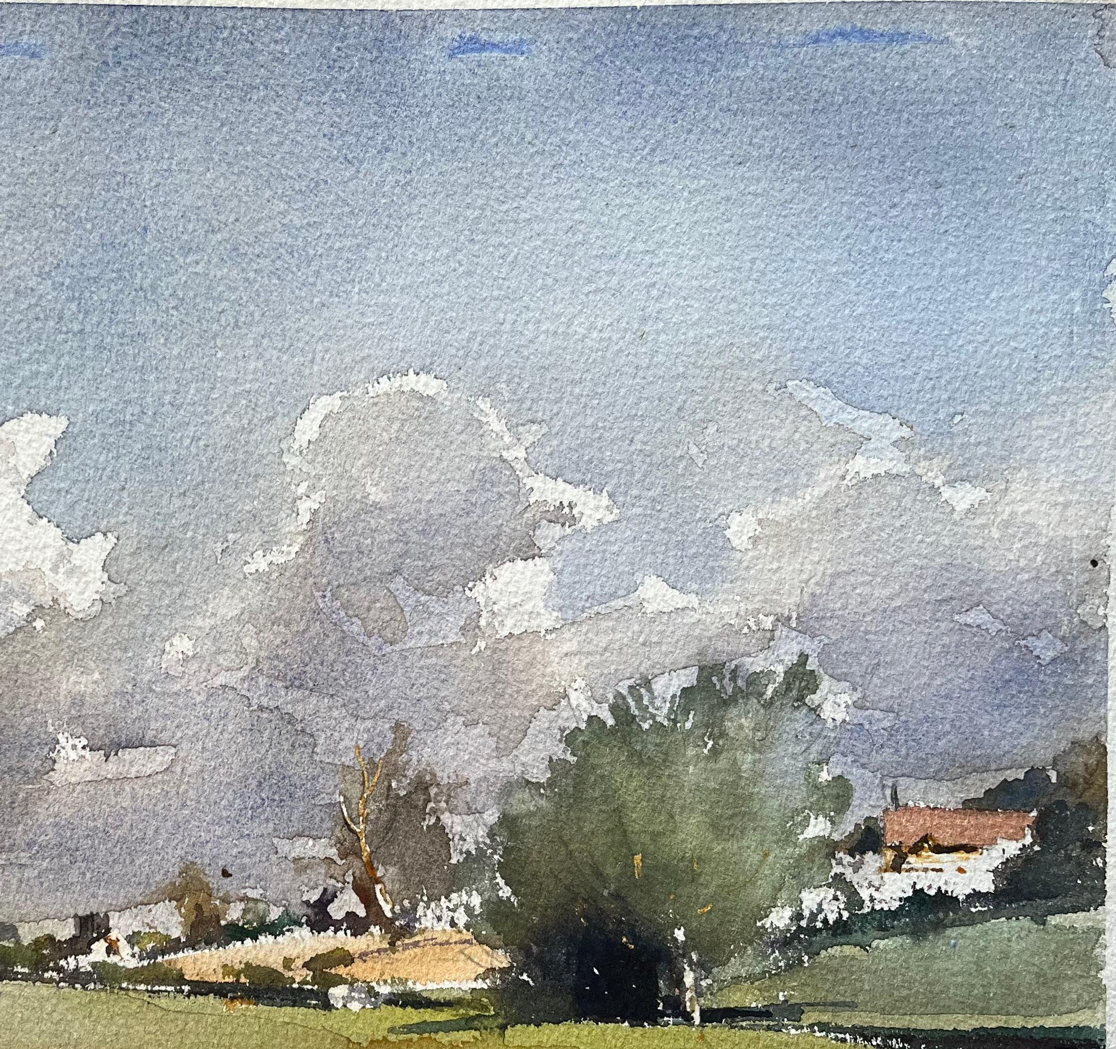 Acuarela impresionista británica de unos campos ondulados bajo vastos cielos - Landscape Painting Gris de Anthony Avery