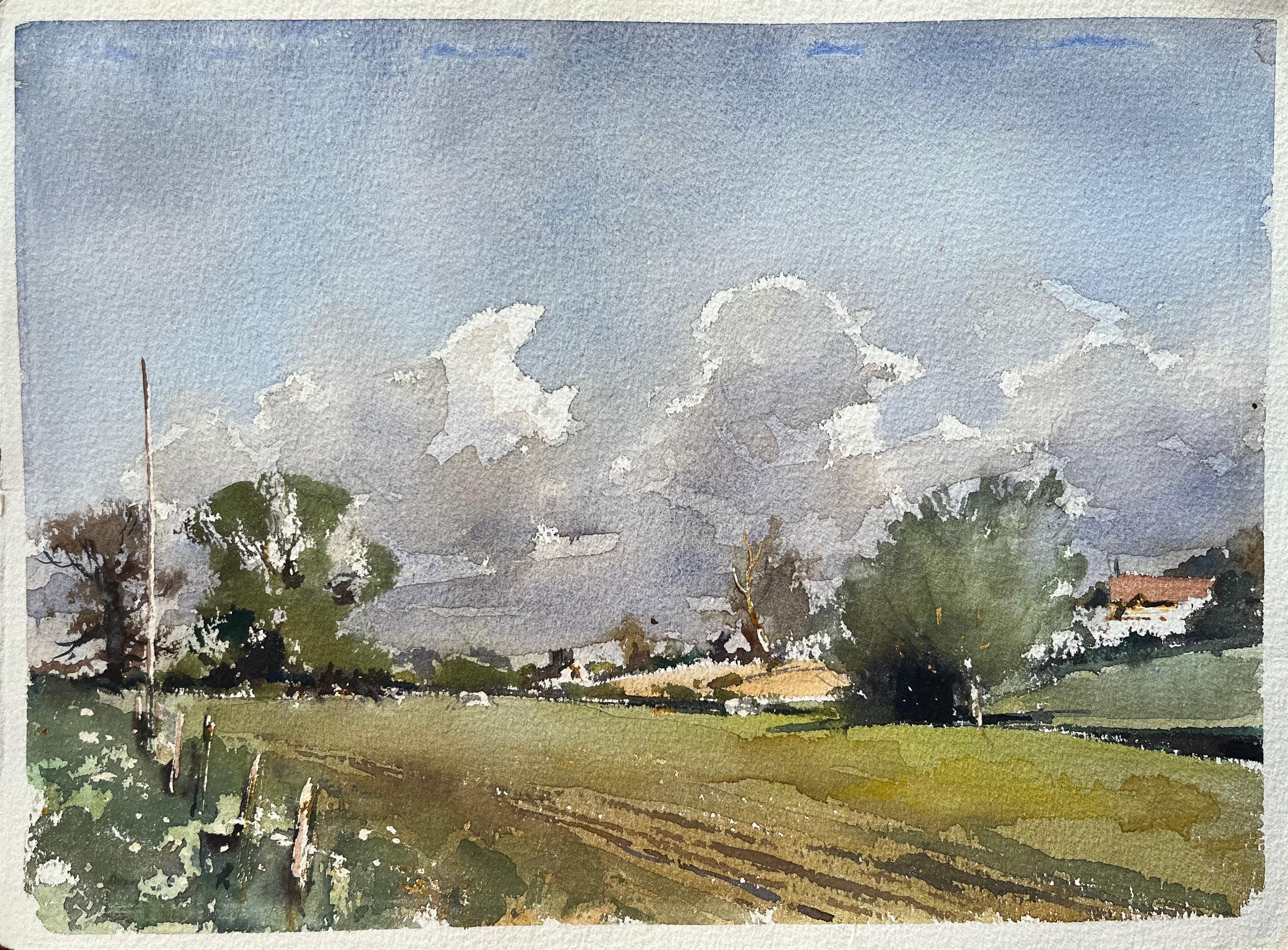 Landscape Painting de Anthony Avery - Acuarela impresionista británica de unos campos ondulados bajo vastos cielos