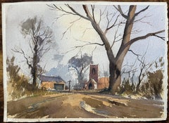 British Impressionist Watercolor of a Rural Church in Winter