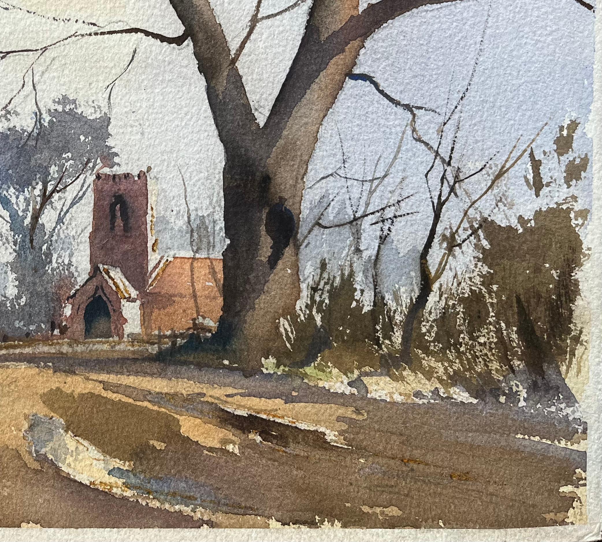 British Impressionist Watercolor of a Rural Church in Winter - Gray Landscape Painting by Anthony Avery