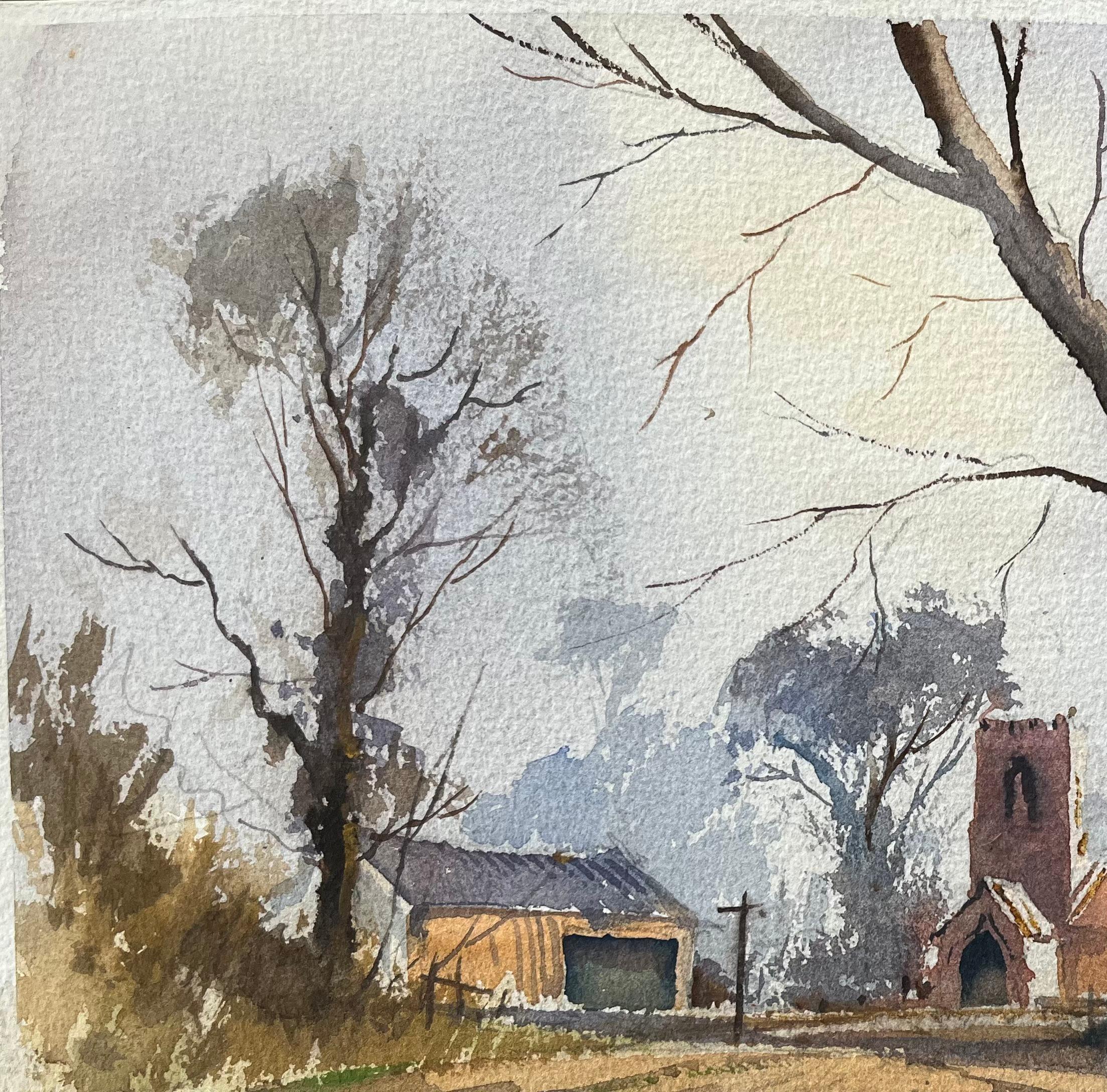British Impressionist Watercolor of a Rural Church in Winter For Sale 1