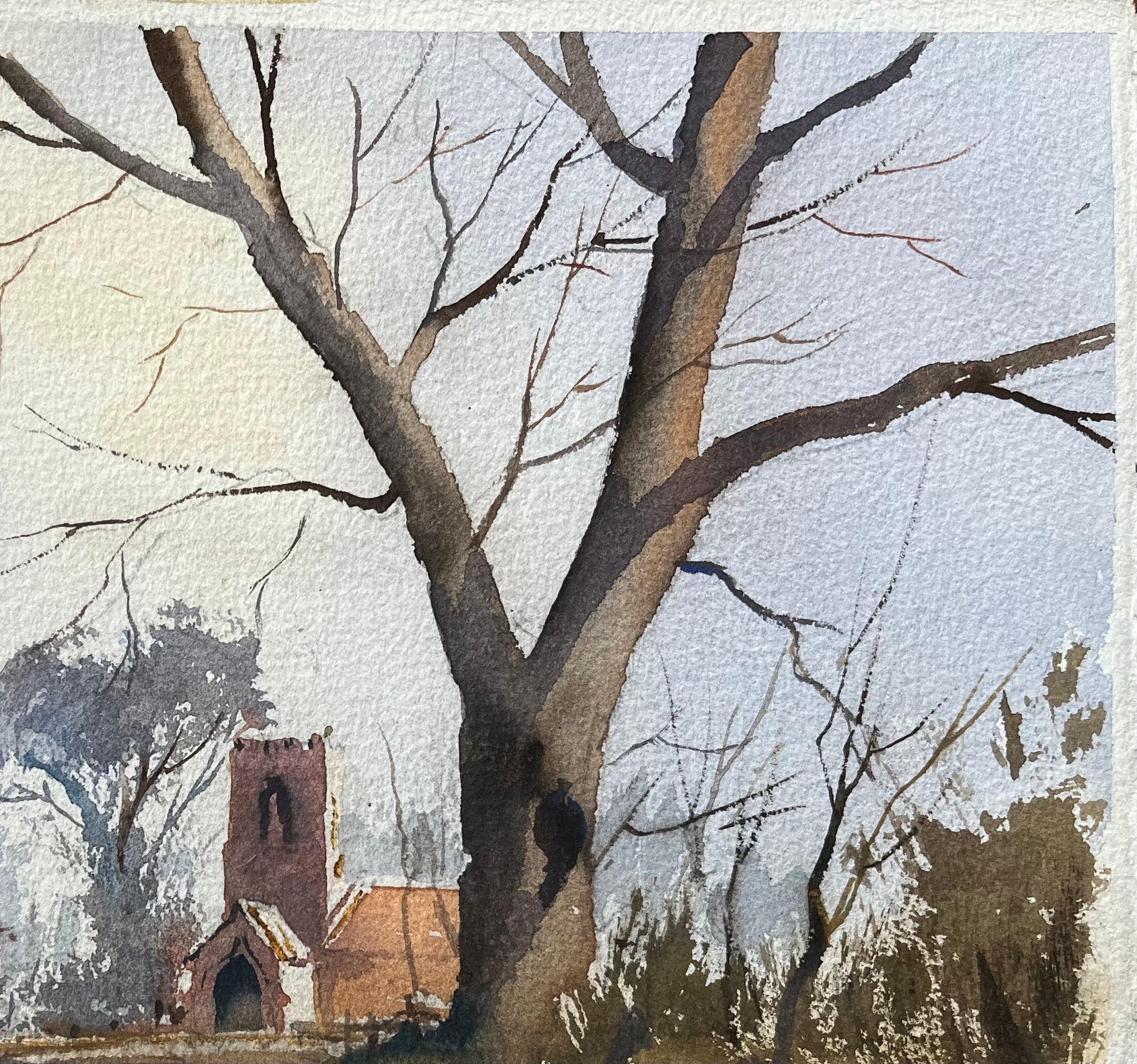 British Impressionist Watercolor of a Rural Church in Winter For Sale 2