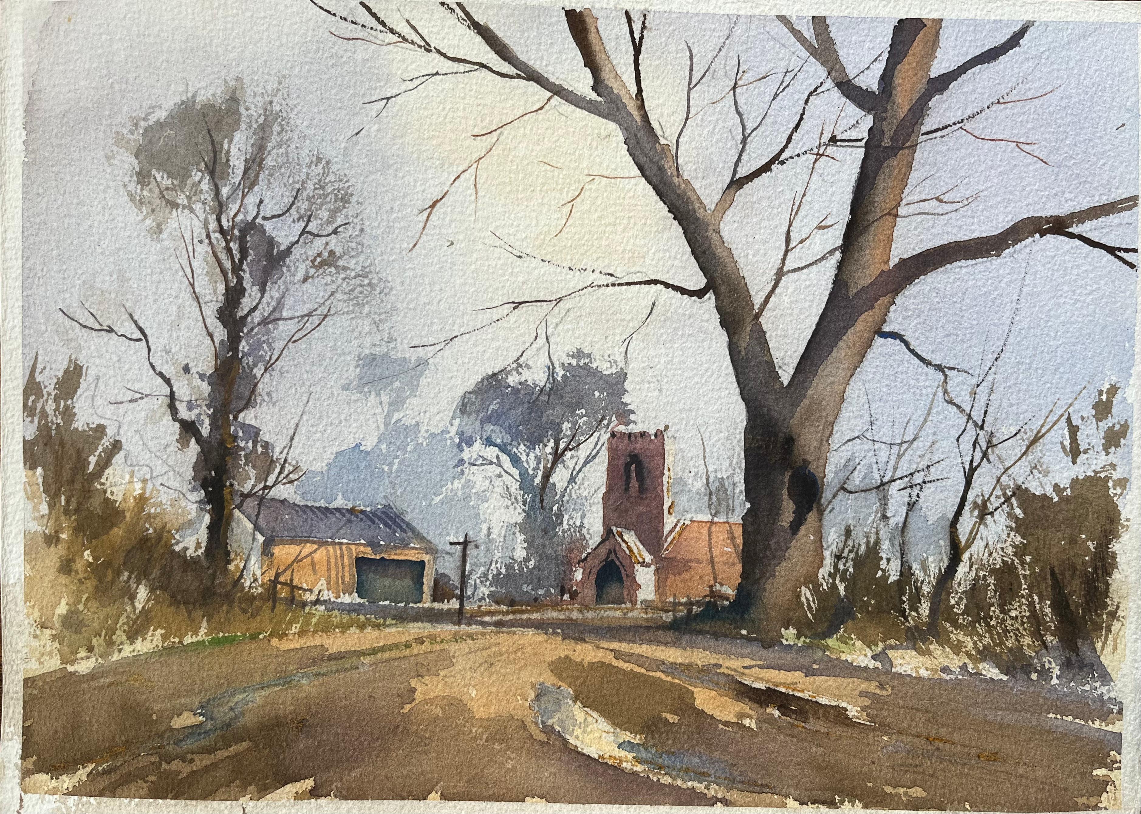 Anthony Avery Landscape Painting - British Impressionist Watercolor of a Rural Church in Winter