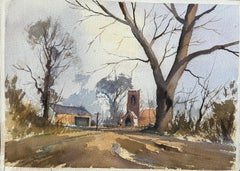 Aquarelle impressionniste britannique d'une église rurale en hiver