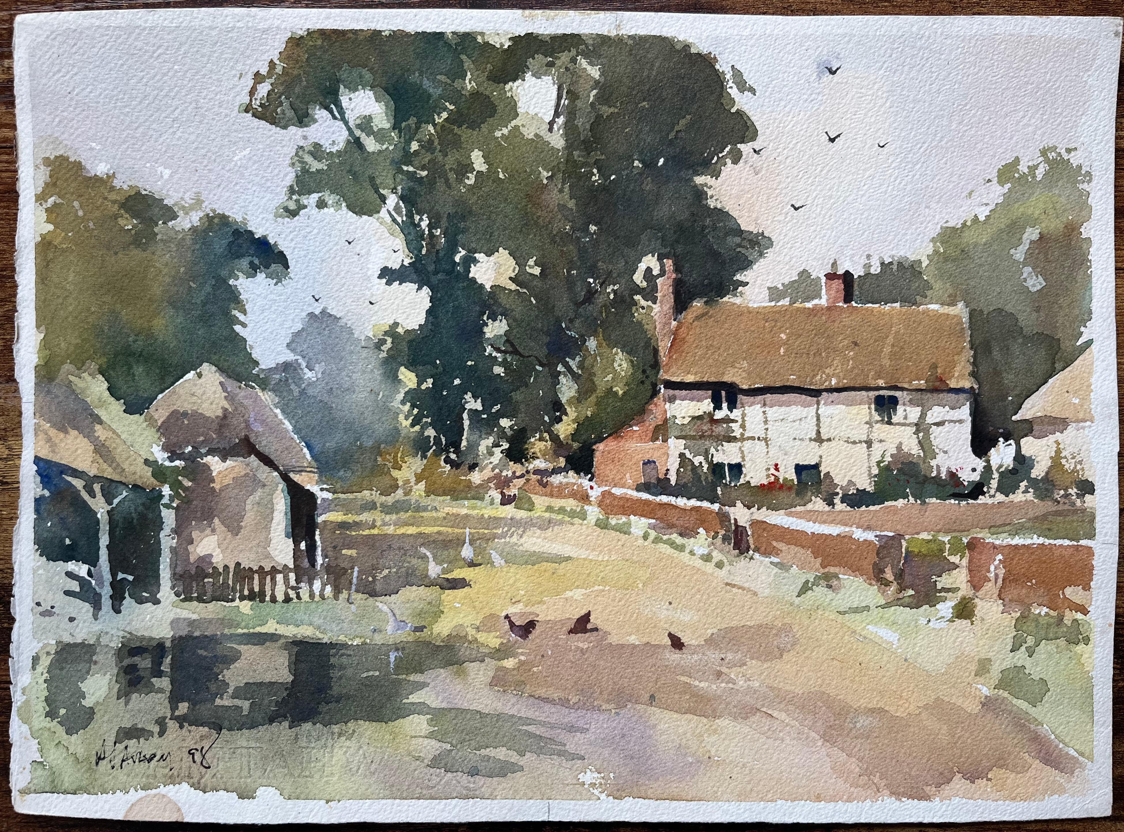 Acquerello impressionista britannico di un cottage rurale, un'aia e delle galline - Painting di Anthony Avery