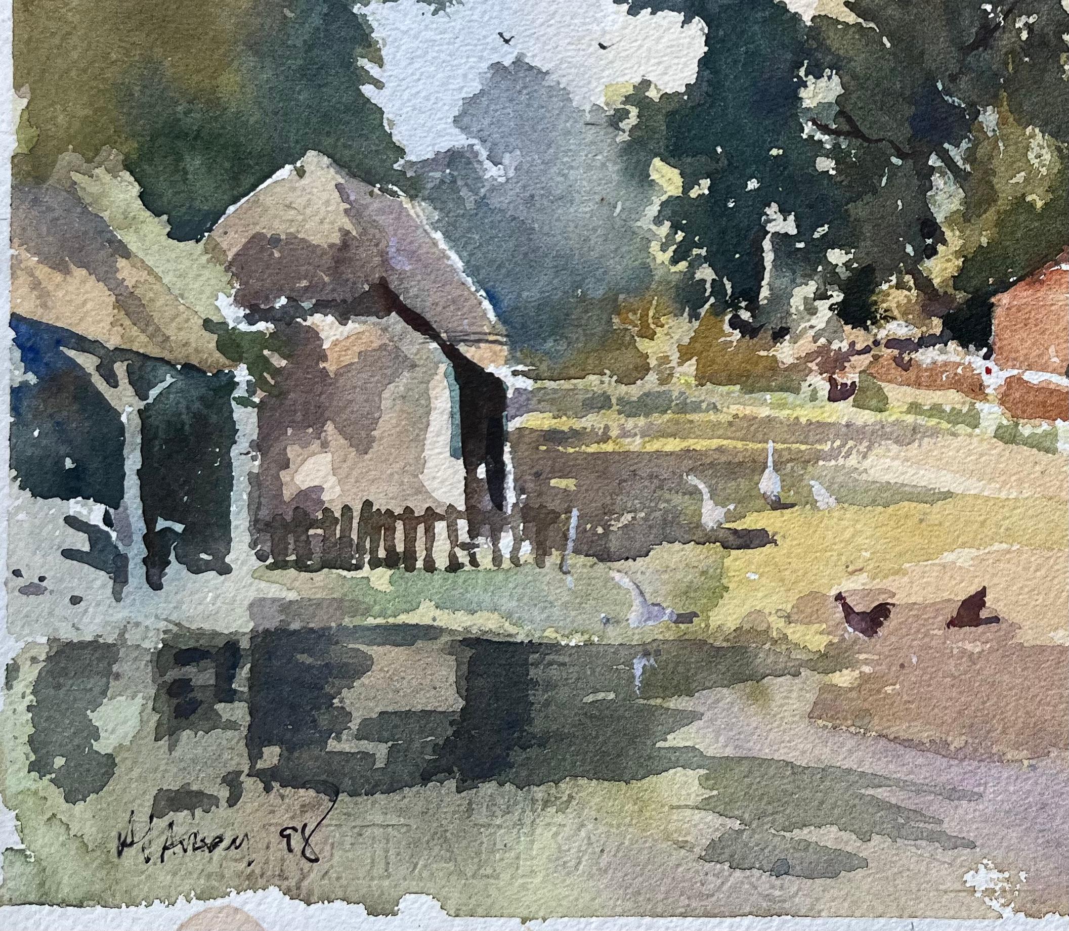 Acquerello impressionista britannico di un cottage rurale, un'aia e delle galline - Painting Impressionismo di Anthony Avery