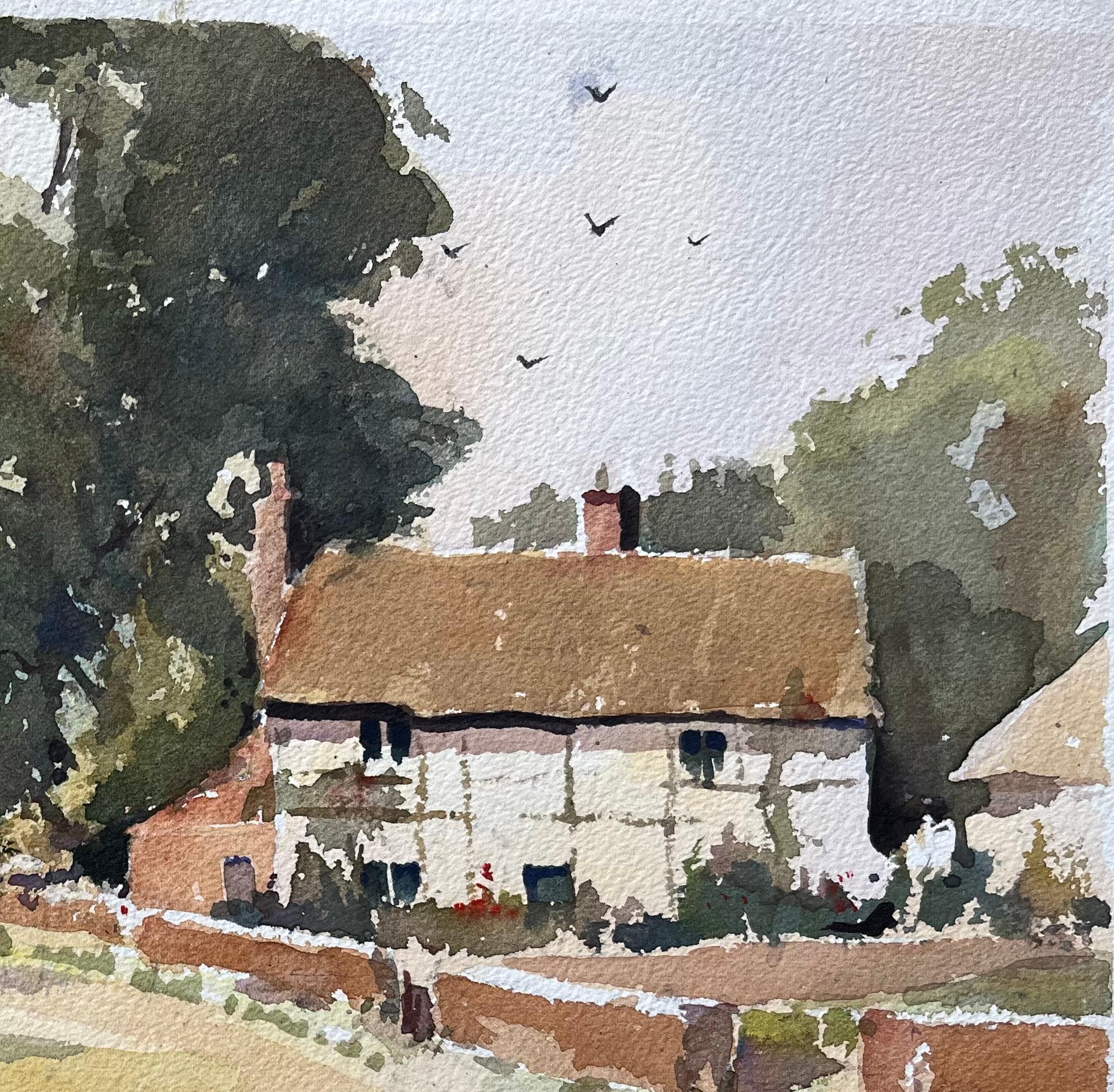 Acquerello impressionista britannico di un cottage rurale, un'aia e delle galline in vendita 1