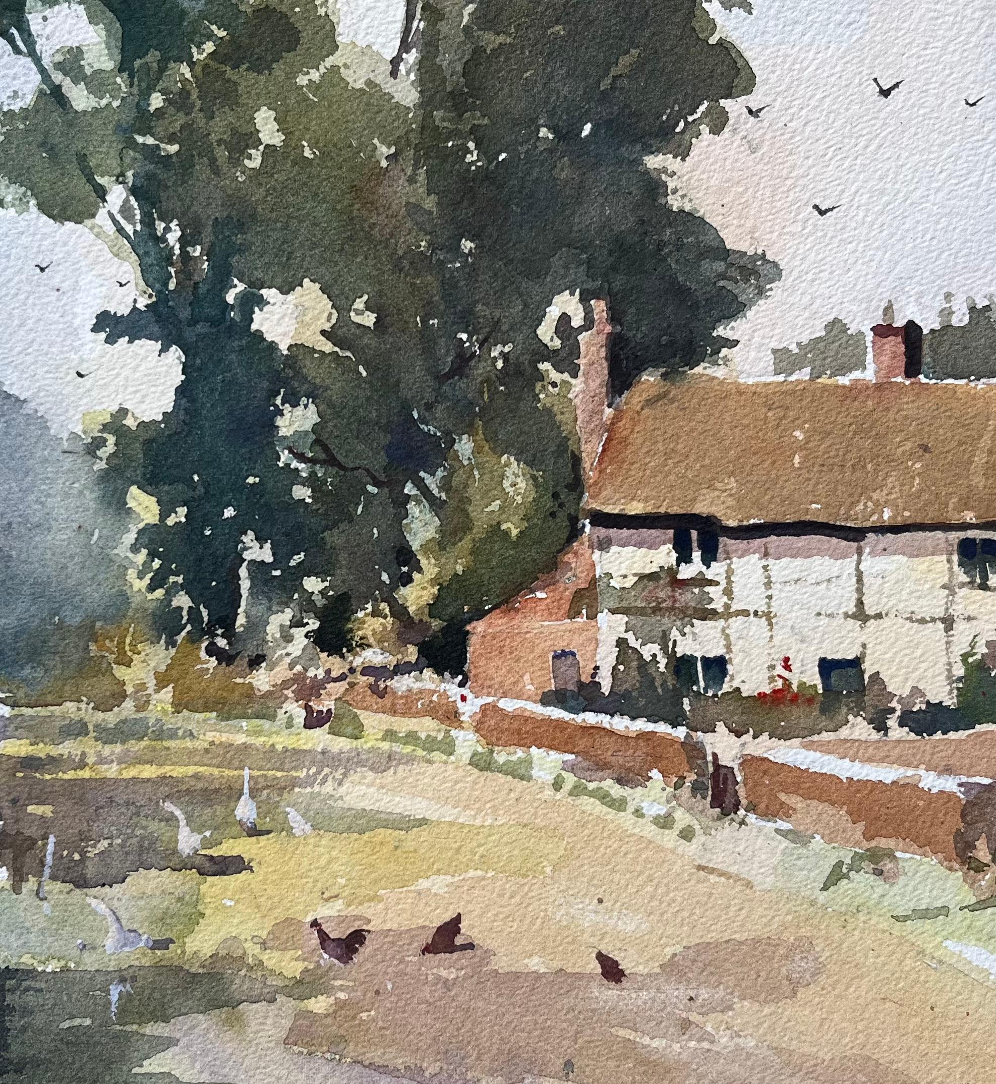 Acquerello impressionista britannico di un cottage rurale, un'aia e delle galline in vendita 2