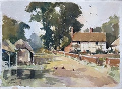 British Impressionist Watercolor of a Rural Cottage, Farmyard, and Chickens