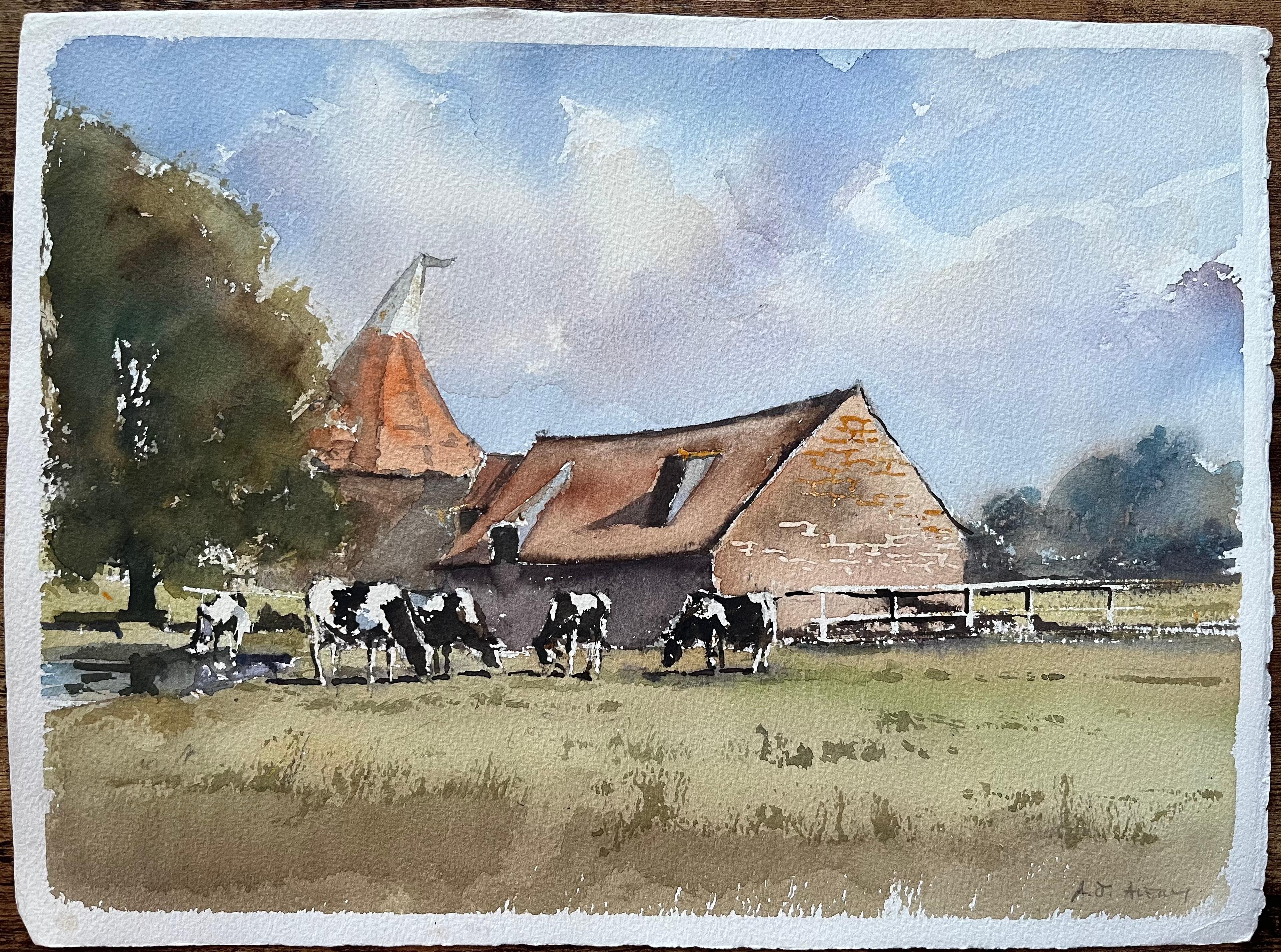 Acuarela impresionista británica de una granja rural con vacas pastando - Painting de Anthony Avery
