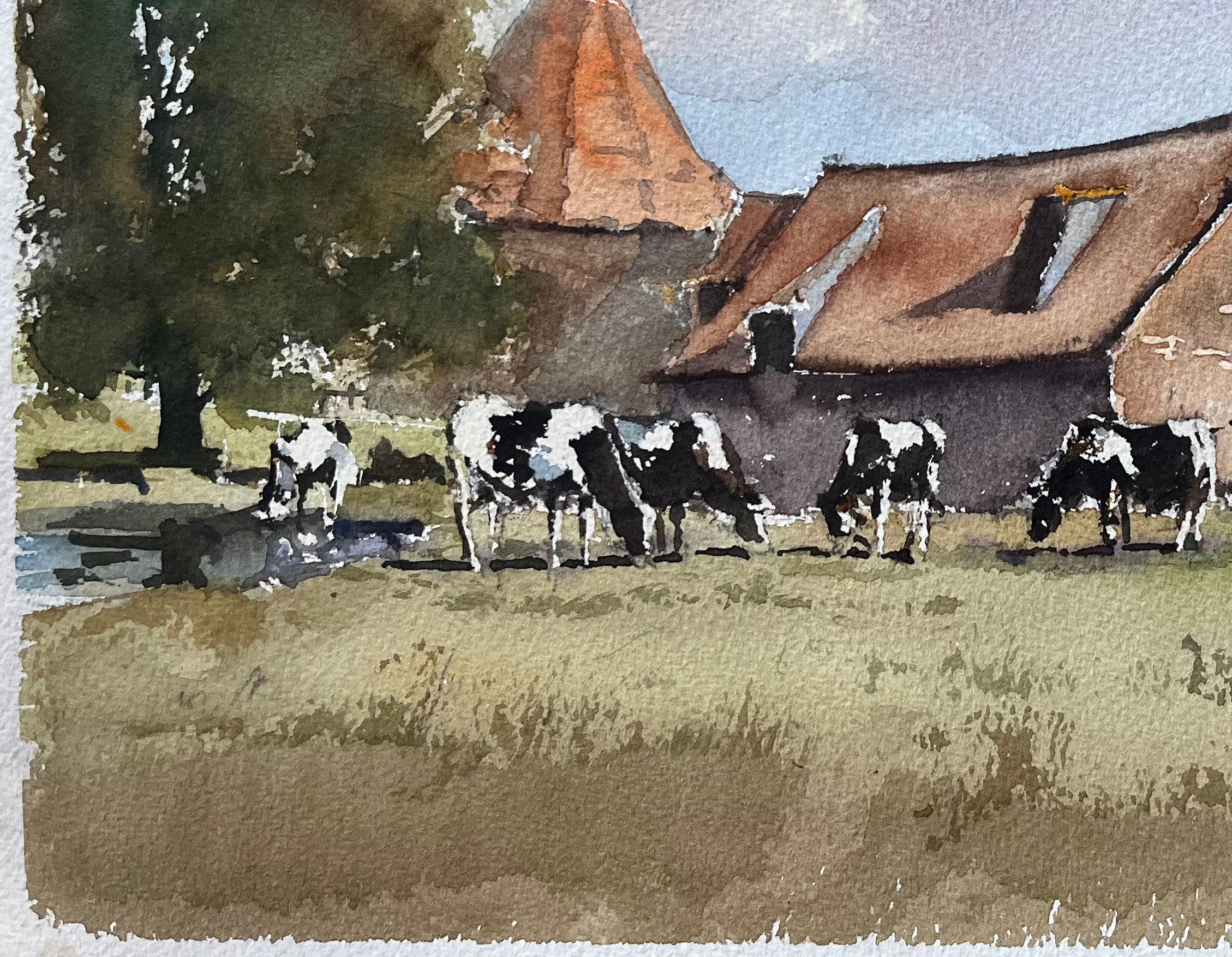 Acuarela impresionista británica de una granja rural con vacas pastando - Painting Impresionista de Anthony Avery