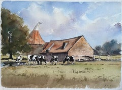 Britischer Impressionist Aquarell eines ländlichen Gehöfts mit weidenden Kühen