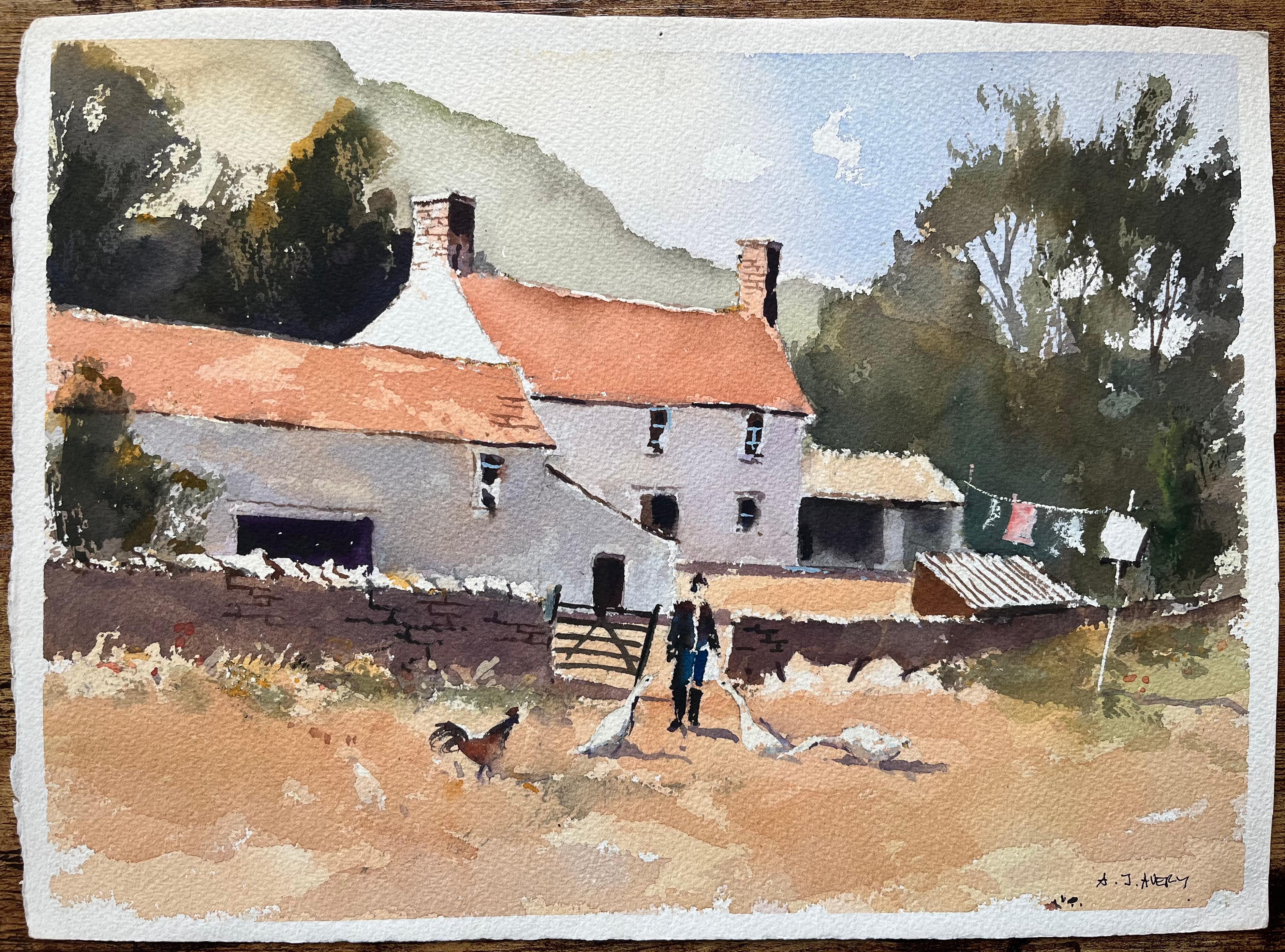 Acuarela impresionista británica de un corral rural con figuras y gallo - Painting de Anthony Avery