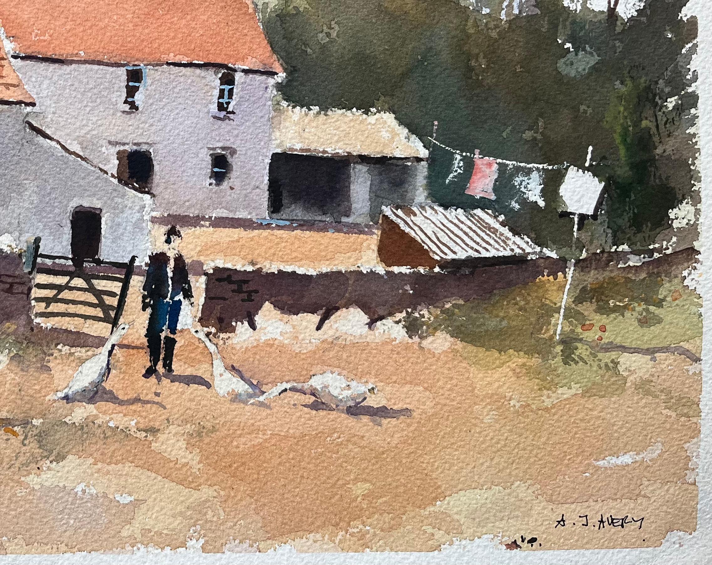 Acuarela impresionista británica de un corral rural con figuras y gallo - Painting Impresionista de Anthony Avery