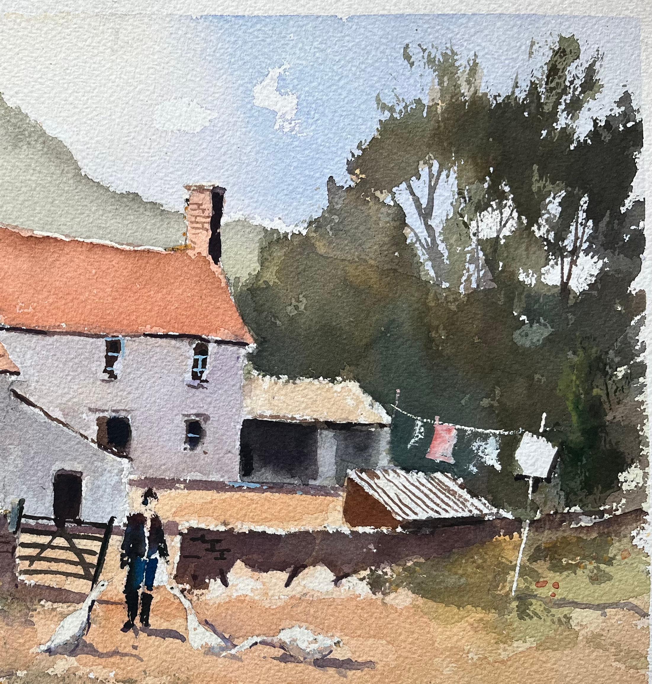 Acuarela impresionista británica de un corral rural con figuras y gallo - Landscape Painting Beige de Anthony Avery