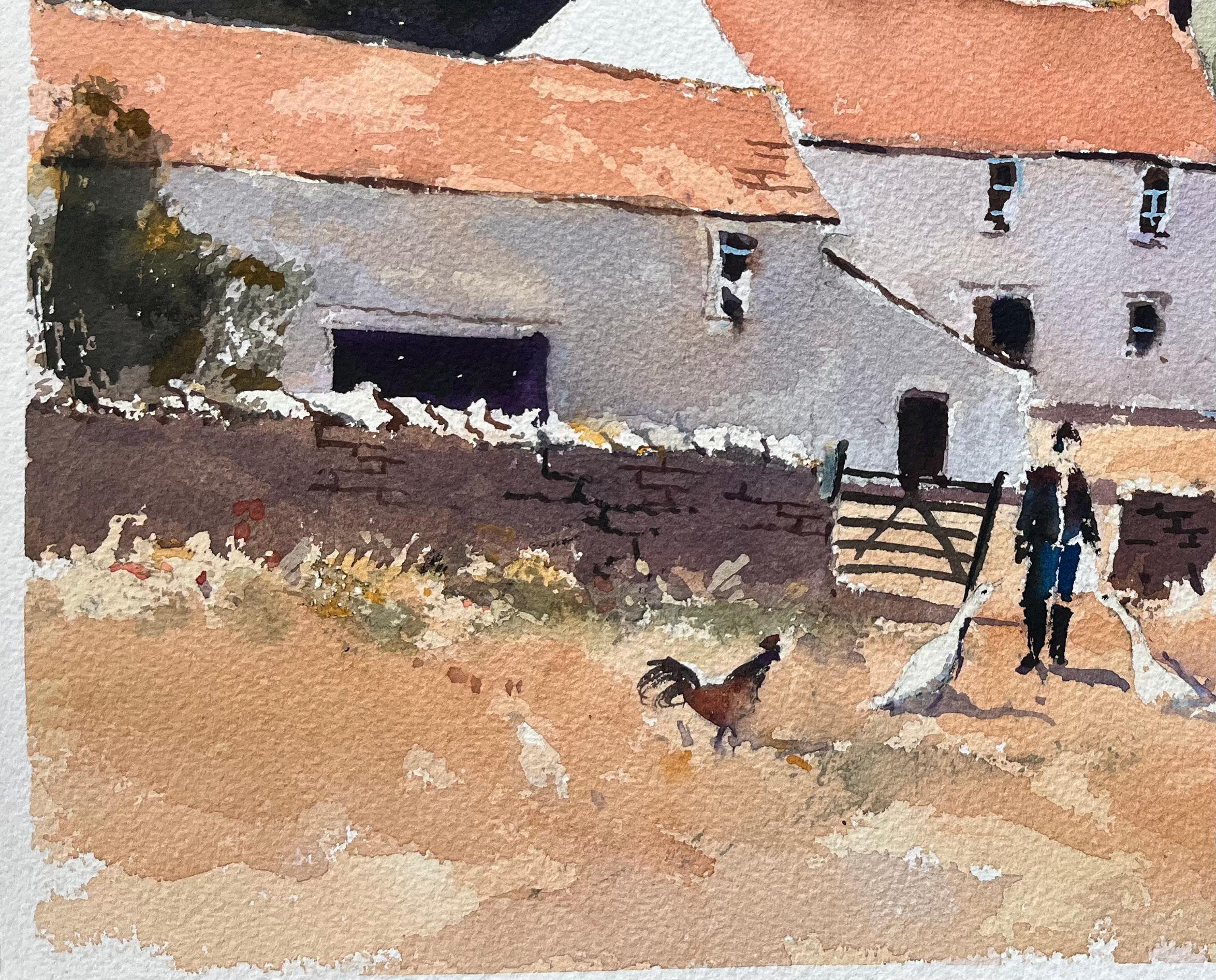 Título: Acuarela impresionista británica de un corral rural con figuras y gallo
Por Anthony Avery (británico 1946-2023)
Acuarela original sobre papel de artista, sin enmarcar
Firmado: Sí
Dimensiones: 11 x 15,25 pulgadas (Alto x Ancho)
Estado: Bueno,