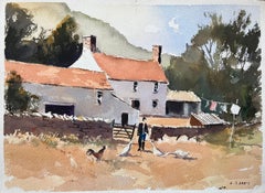 British Impressionist Watercolor of a Rural Farmyard with Figures and Rooster