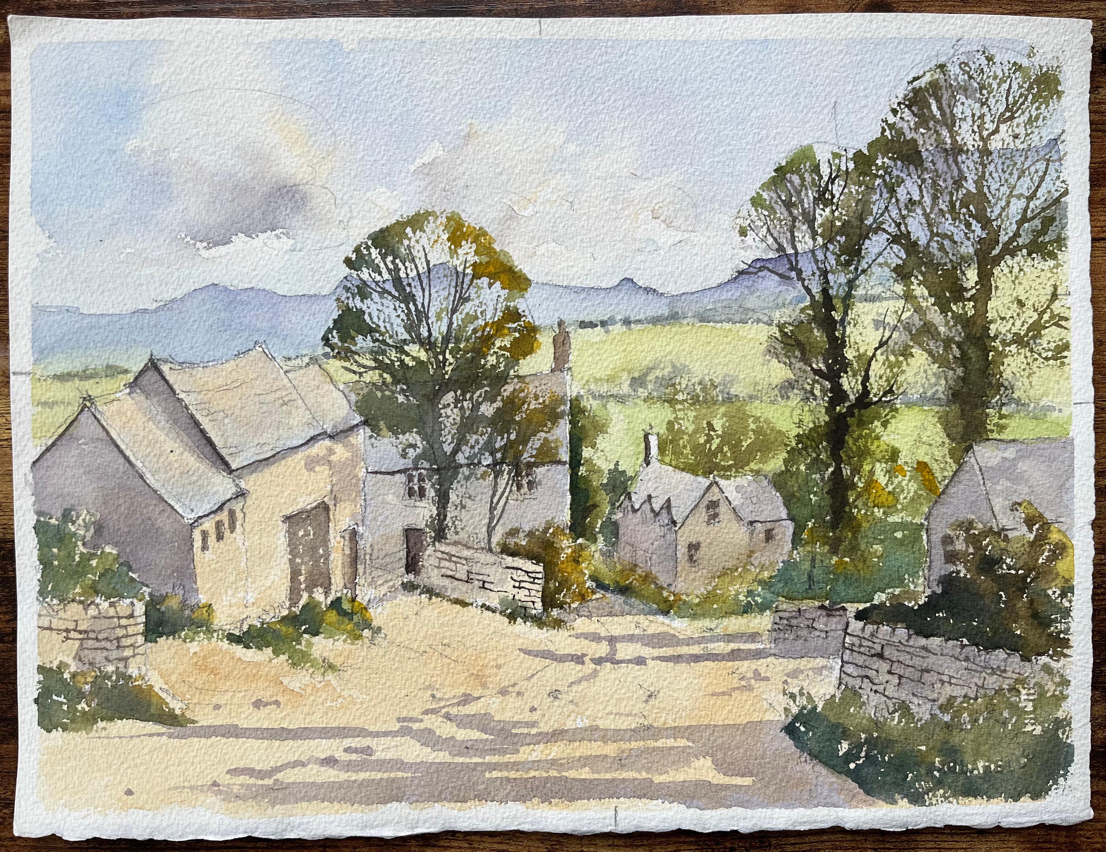 Britischer Impressionist Aquarell einer ländlichen Dorfszene – Painting von Anthony Avery