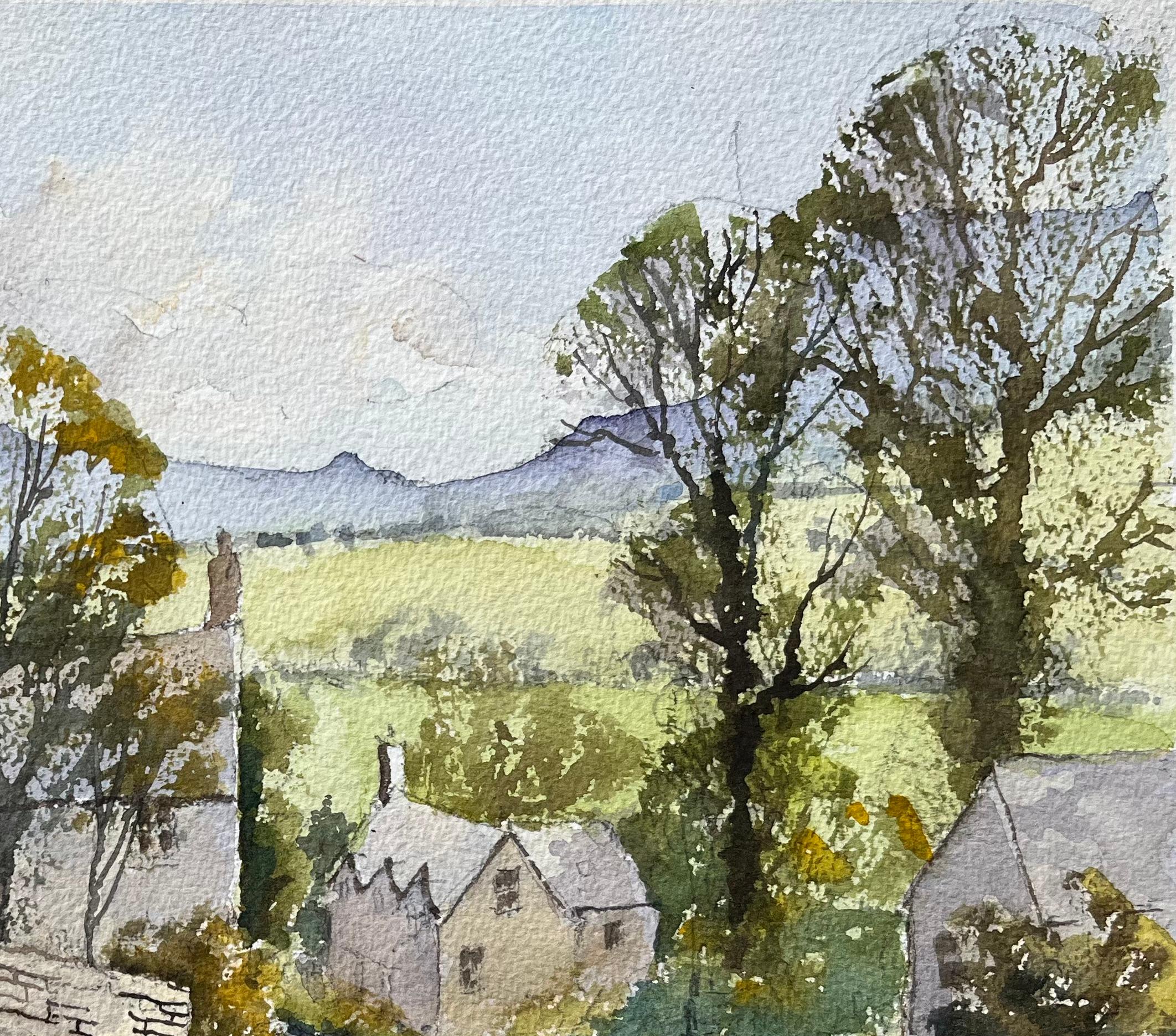 Britischer Impressionist Aquarell einer ländlichen Dorfszene (Grau), Landscape Painting, von Anthony Avery