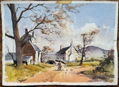 British Impressionist Watercolor of a Rural Village Scene with Figure in Autumn