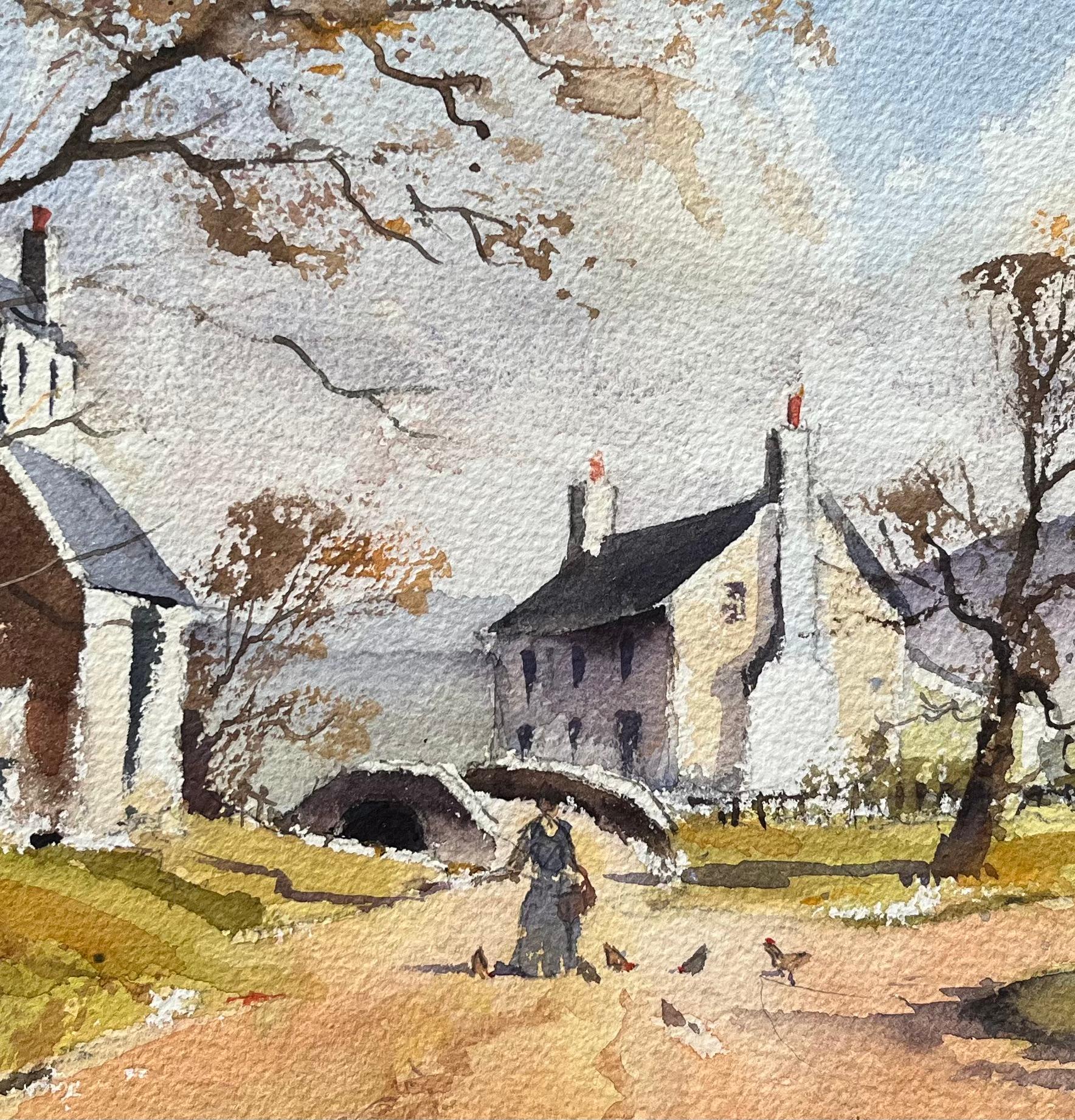 Acquerello impressionista britannico di una scena di villaggio rurale con figura in autunno - Painting Impressionismo di Anthony Avery