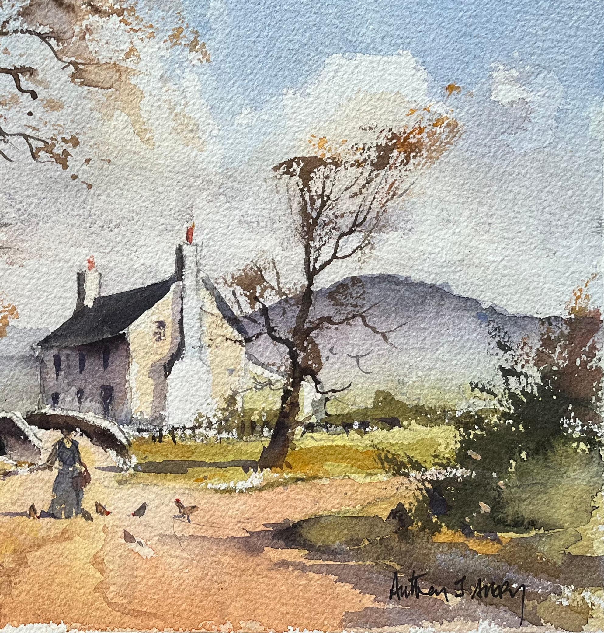 Acquerello impressionista britannico di una scena di villaggio rurale con figura in autunno - Landscape Painting Grigio di Anthony Avery