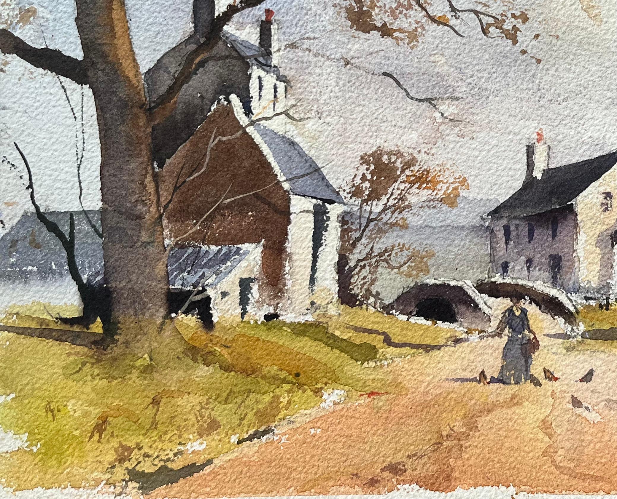 Acquerello impressionista britannico di una scena di villaggio rurale con figura in autunno in vendita 1