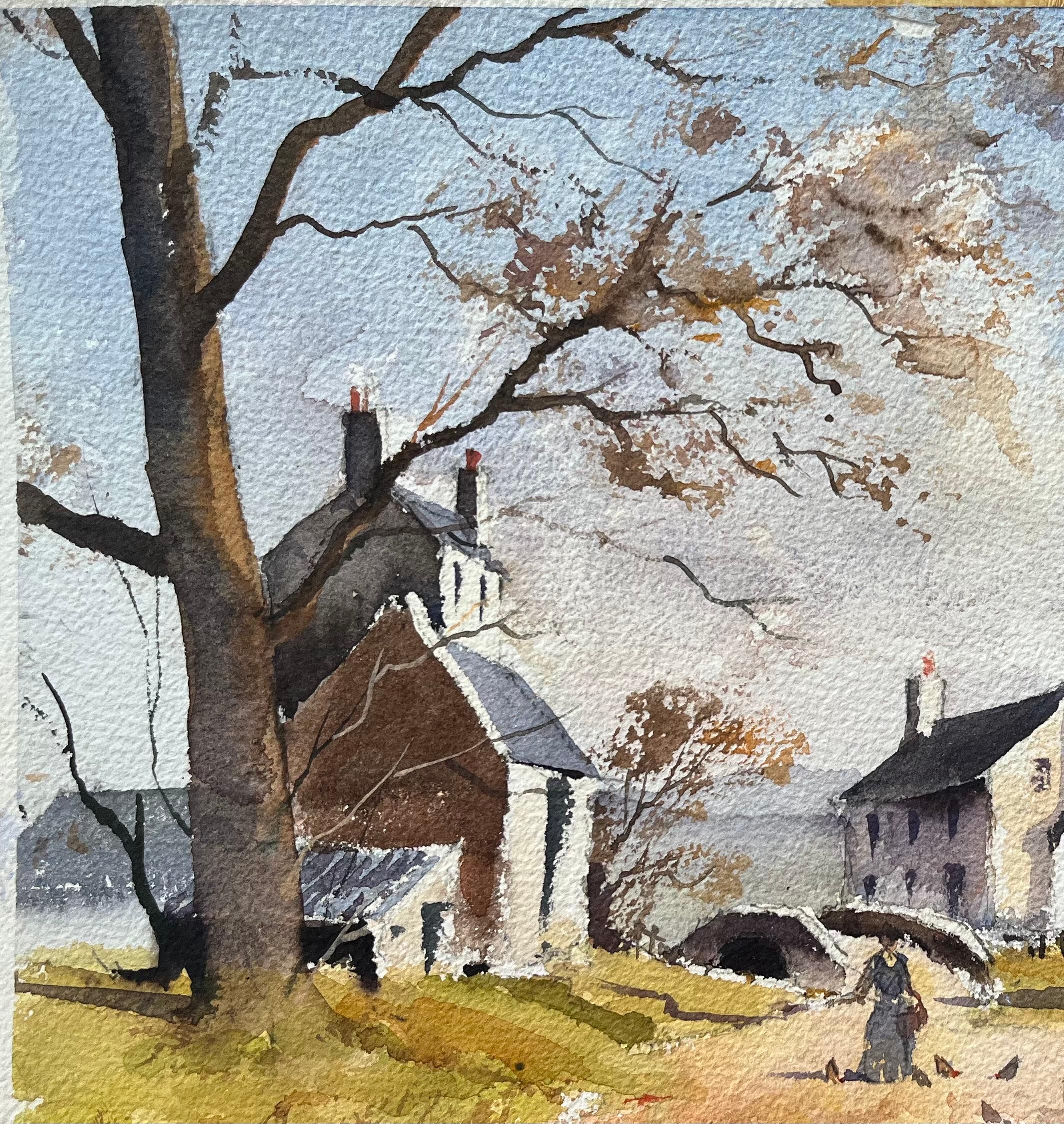 Acquerello impressionista britannico di una scena di villaggio rurale con figura in autunno in vendita 2