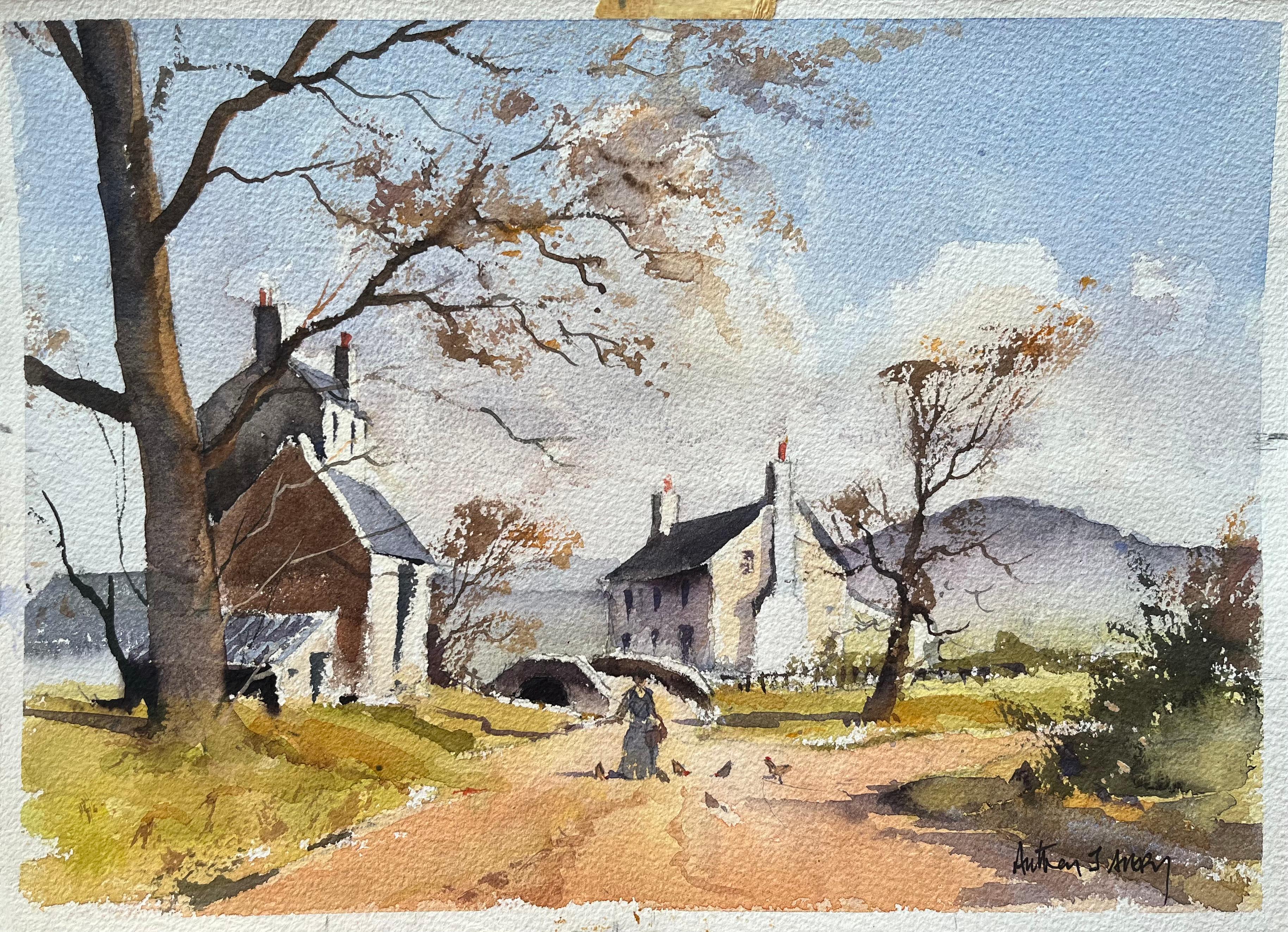 Landscape Painting di Anthony Avery - Acquerello impressionista britannico di una scena di villaggio rurale con figura in autunno