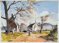 British Impressionist Watercolor of a Rural Village Scene with Figure in Autumn