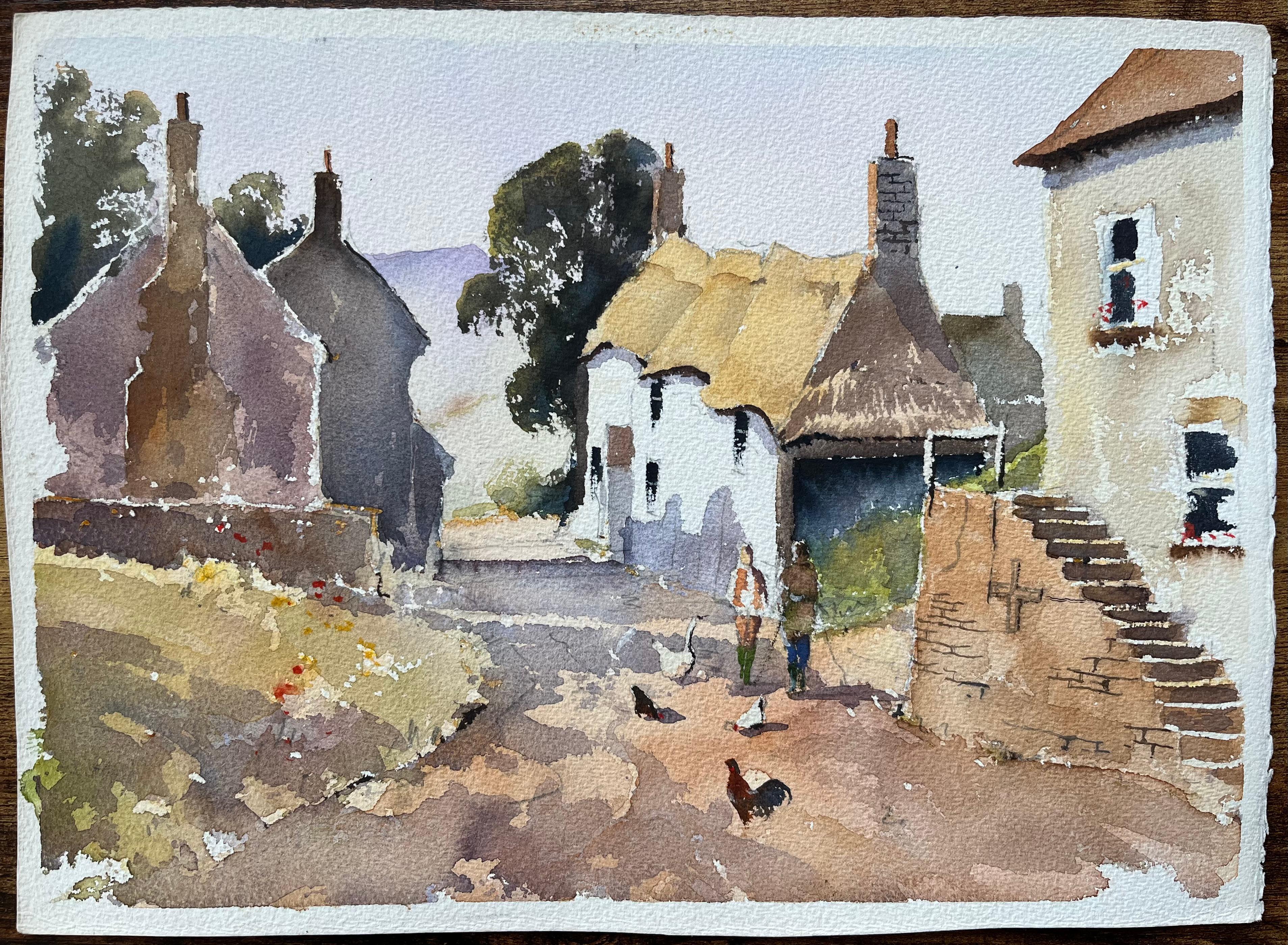 Aquarelle impressionniste britannique d'un  Scène de village rural avec chaumière - Painting de Anthony Avery