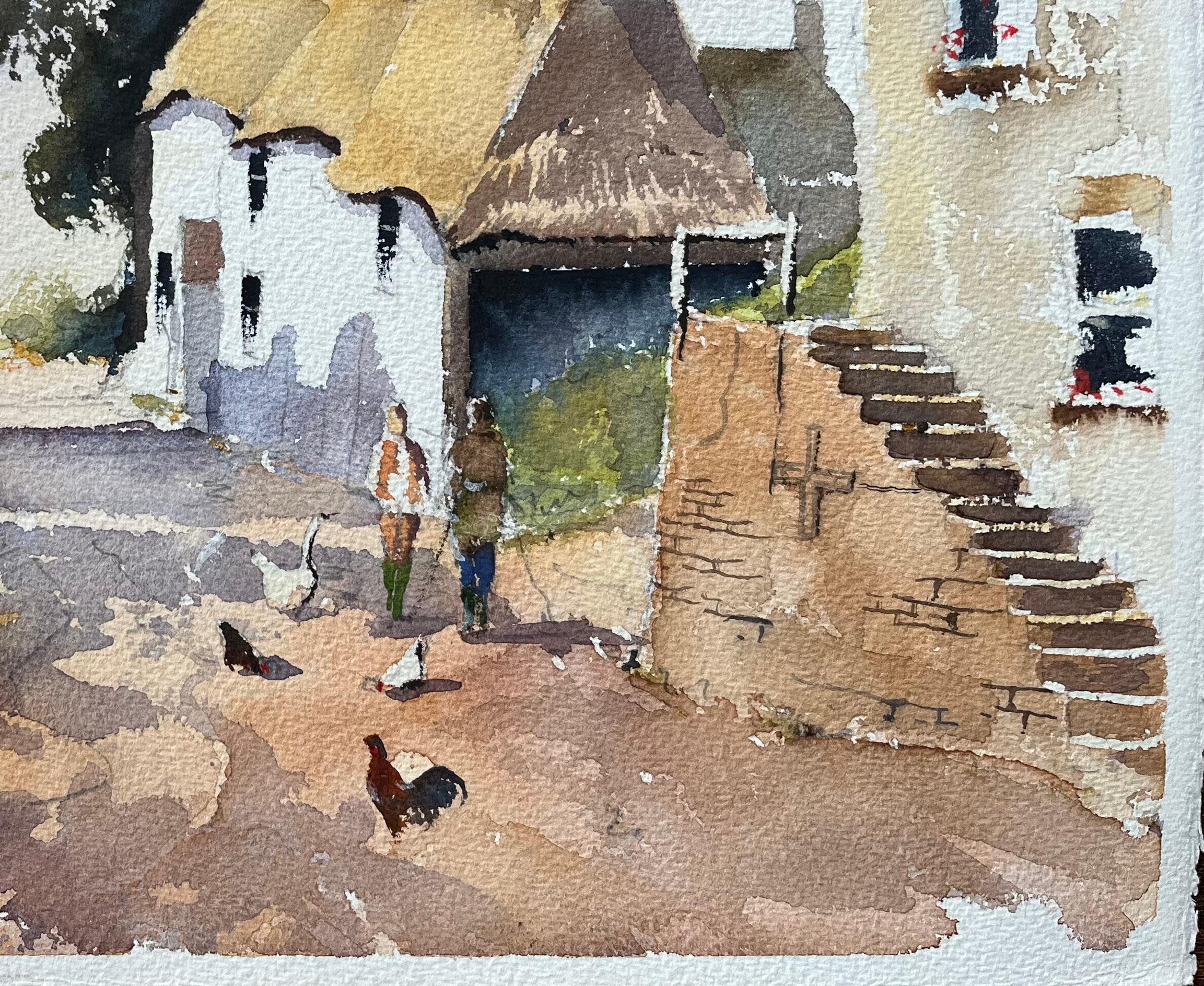 Aquarelle impressionniste britannique d'un  Scène de village rural avec chaumière - Impressionnisme Painting par Anthony Avery