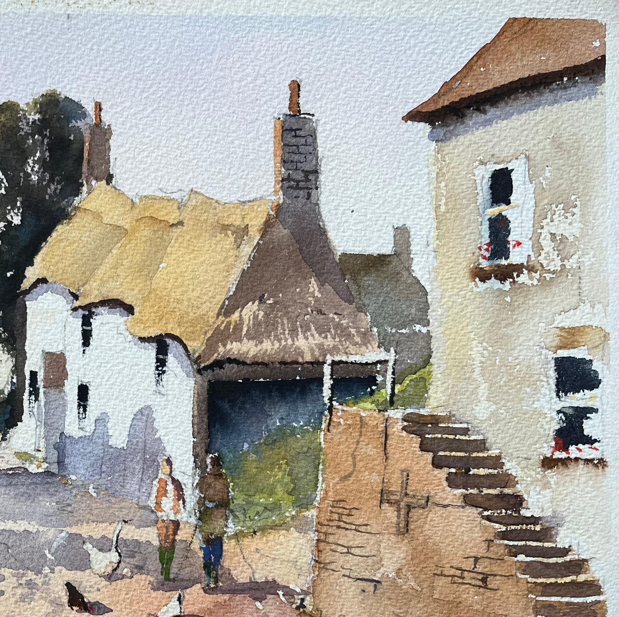 Aquarelle impressionniste britannique d'un  Scène de village rural avec chaumière - Gris Landscape Painting par Anthony Avery
