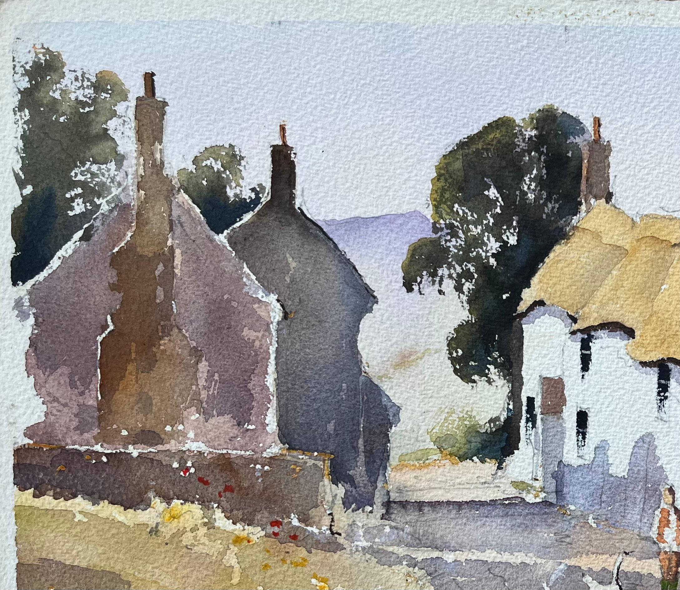 Aquarelle impressionniste britannique d'un  Scène de village rural avec chaumière en vente 1