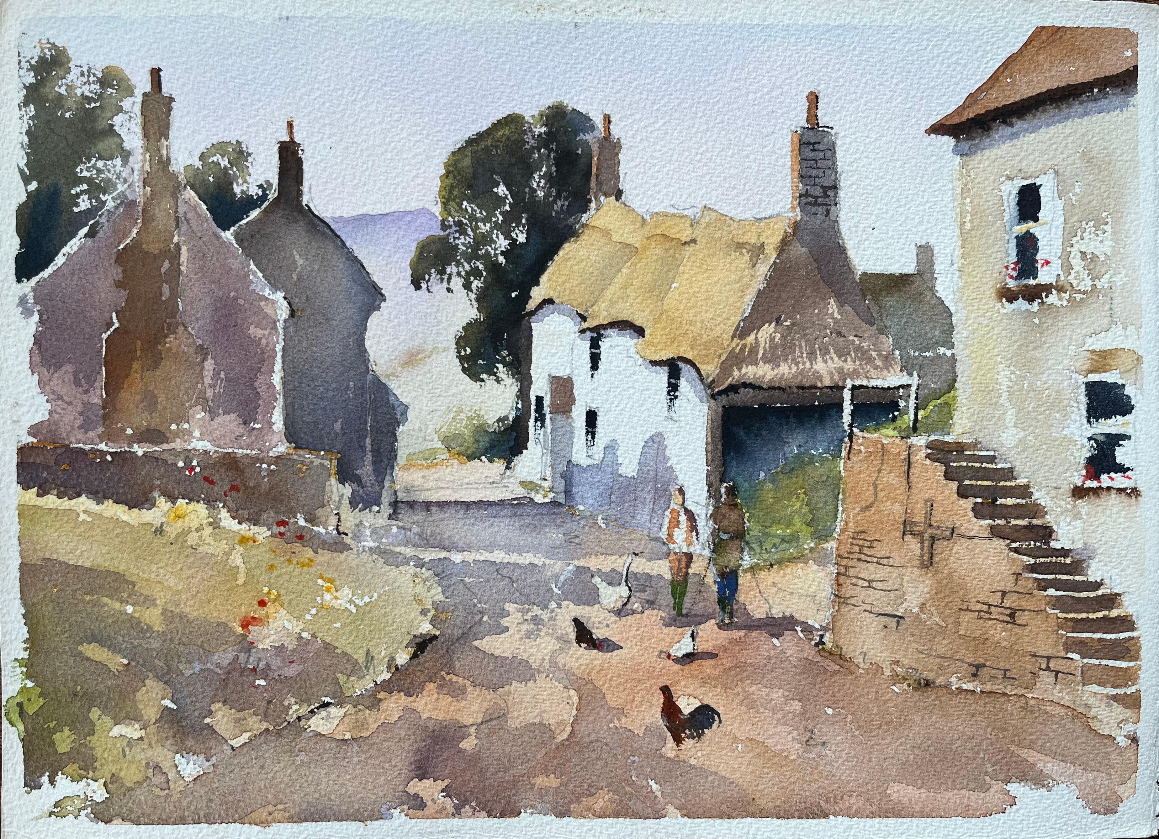 Britisches impressionistisches Aquarell eines  Ländliche Dorfszene mit reetgedeckter Hütte