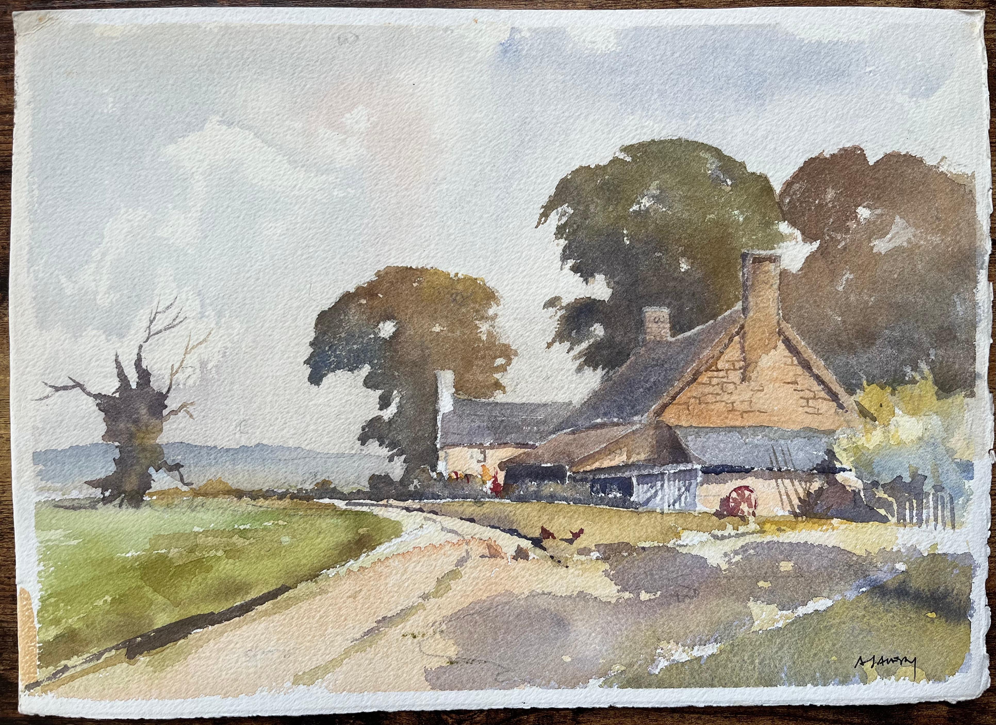 Britischer Impressionist Aquarell einer rustikalen Bauernhaus-Szene und Hühner – Painting von Anthony Avery